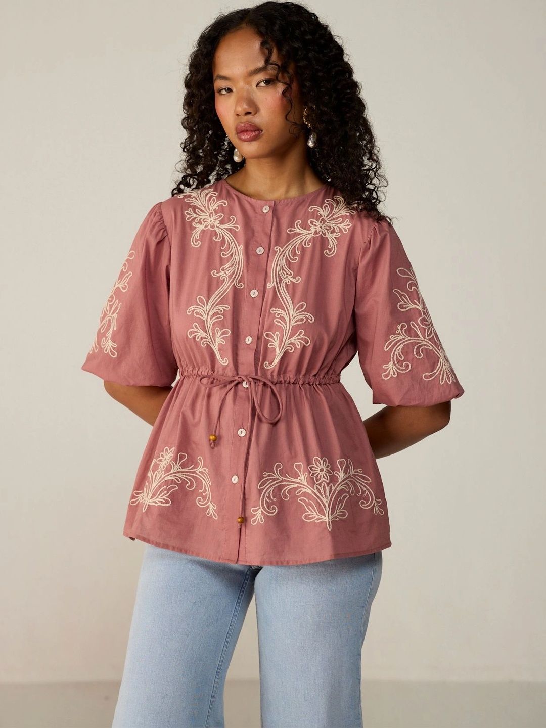 Calling June Embroidered Puff Sleeve Cotton Top-picture-41