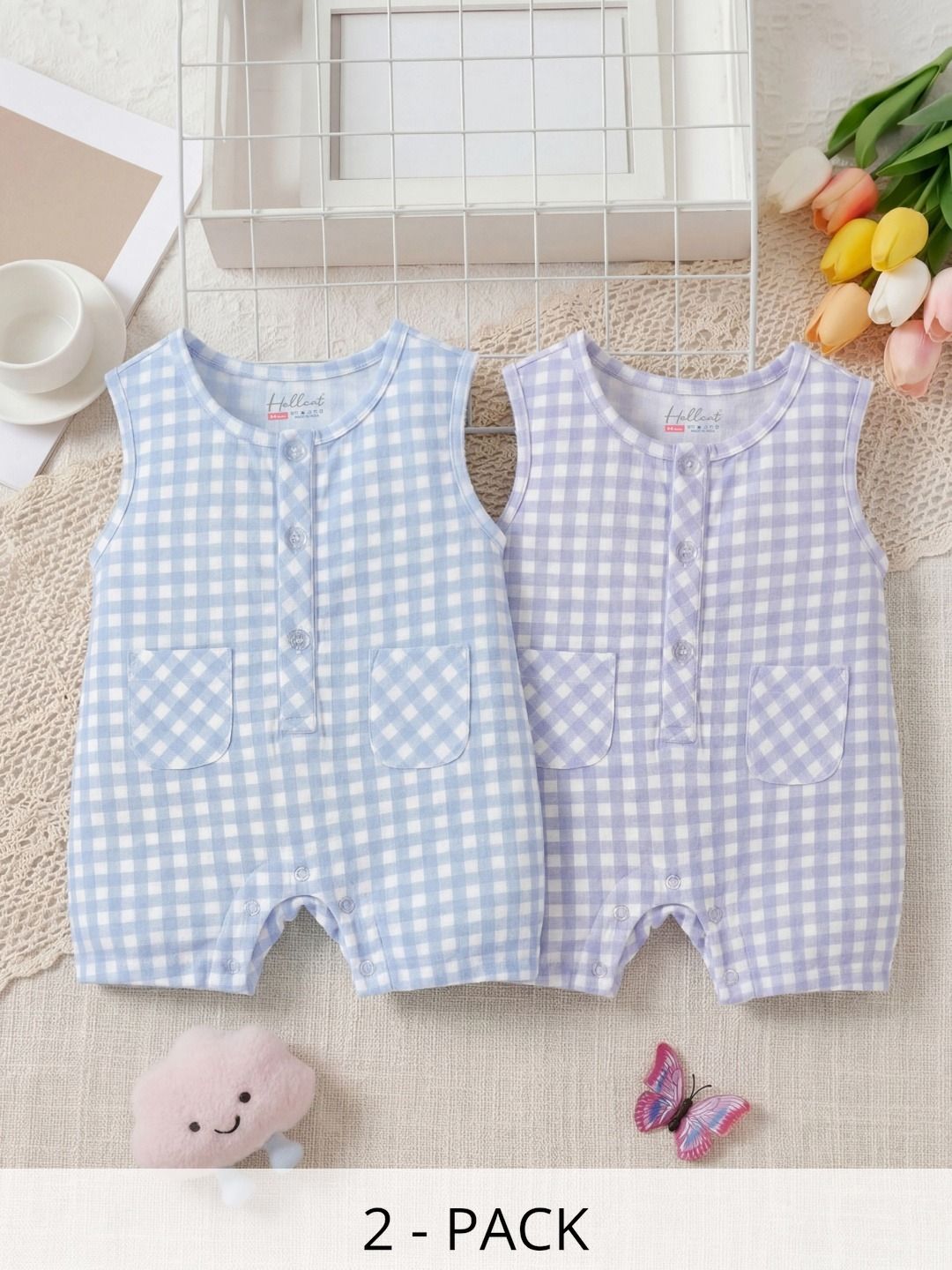 HELLCAT Infants Pack of 2 Checked Cotton Rompers-picture-38