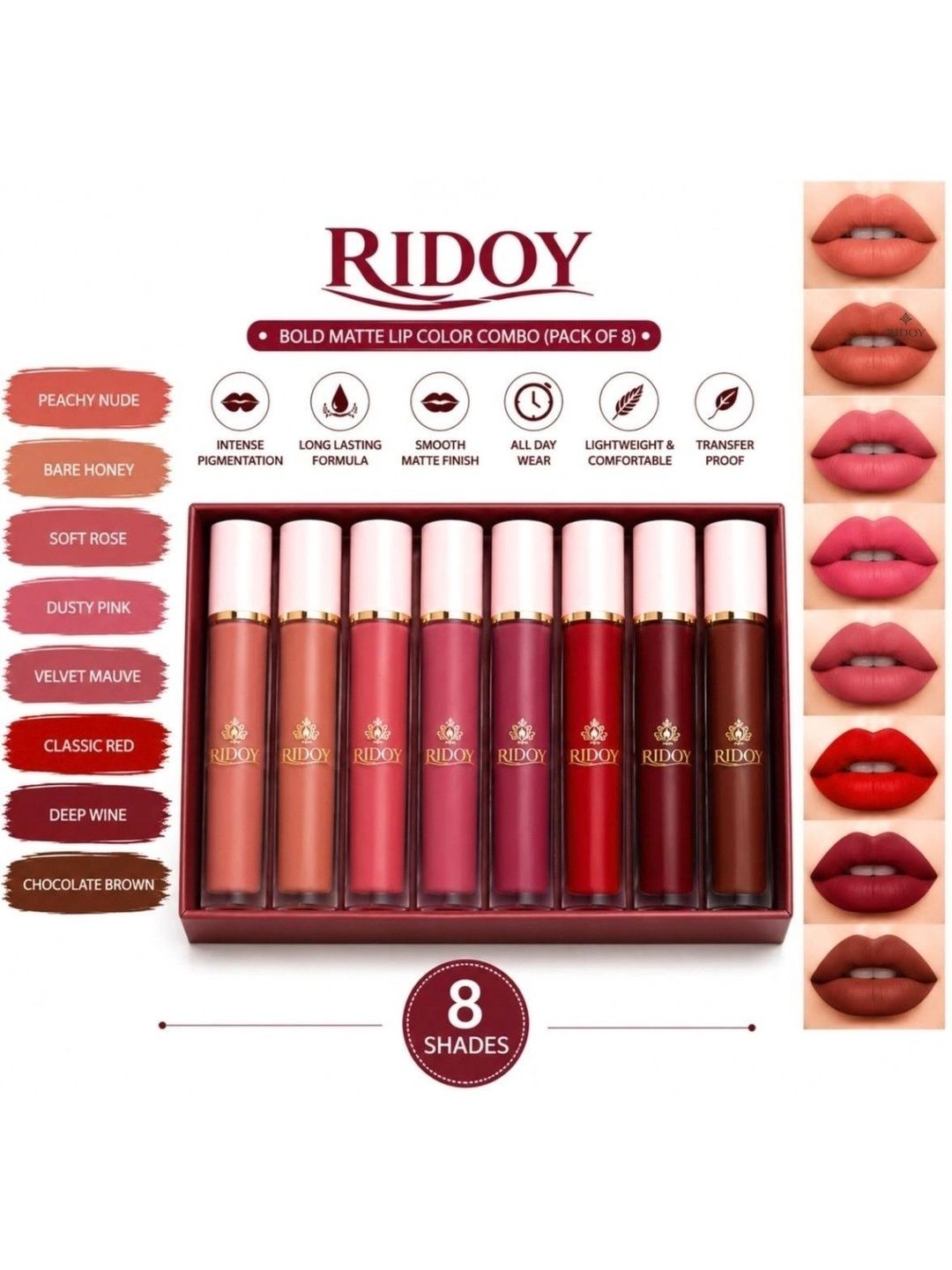 ridoy Set Of 8 Waterproof Liquid Matte Lipstick-3 ml Each - Light Pink-Maroon-Brown-Magent-picture-26