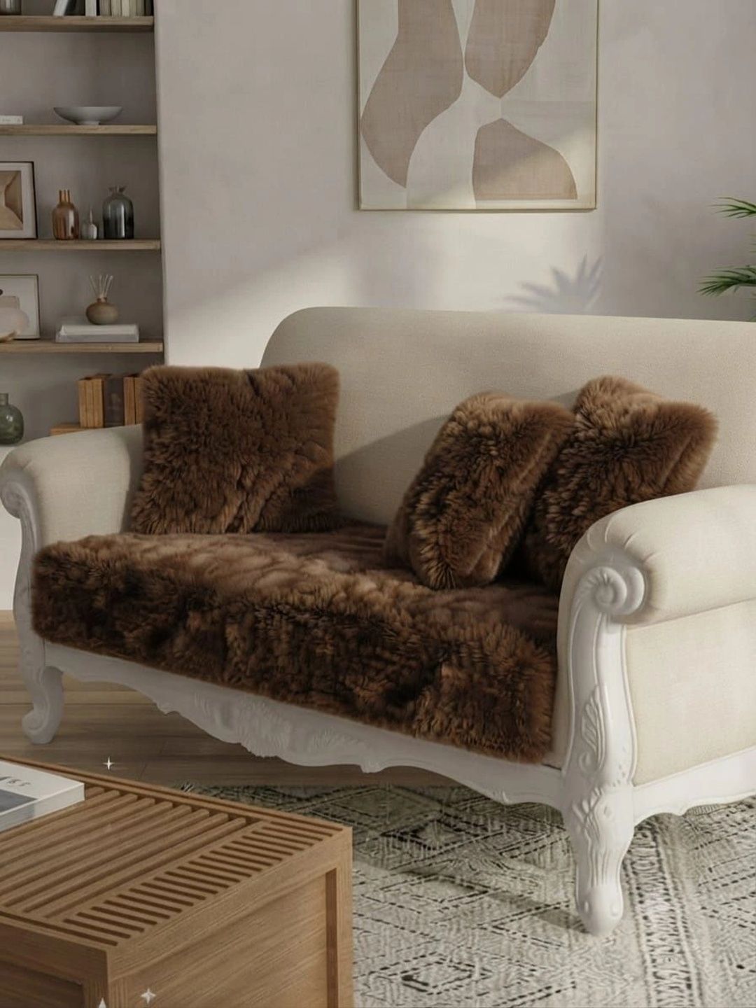 KANUM Brown Solid Viscose Rayon Blend 3 Piece Sofa Cover Without Arms-picture-19