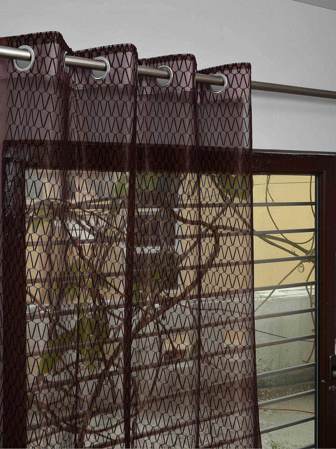 KFHDecor Brown Geometric Sheer Long Door Curtain-picture-18