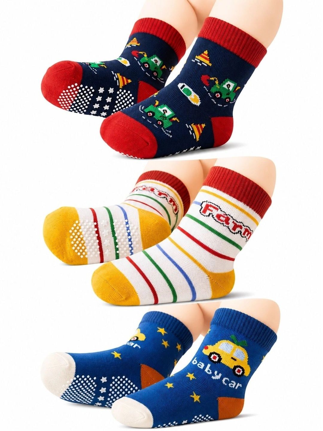 TinySteps Unisex Kids Pack of 3 Cotton Assorted Patterned Above Ankle Socks-picture-53