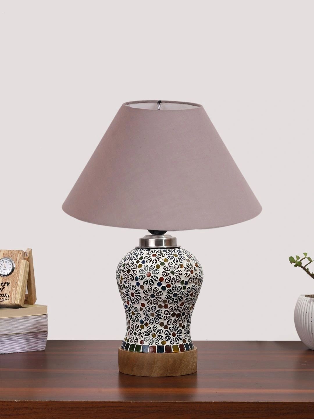 Myntra Elegant Homes Grey Textured Glass Traditional Frusturical Shaped Table Lamp-picture-21