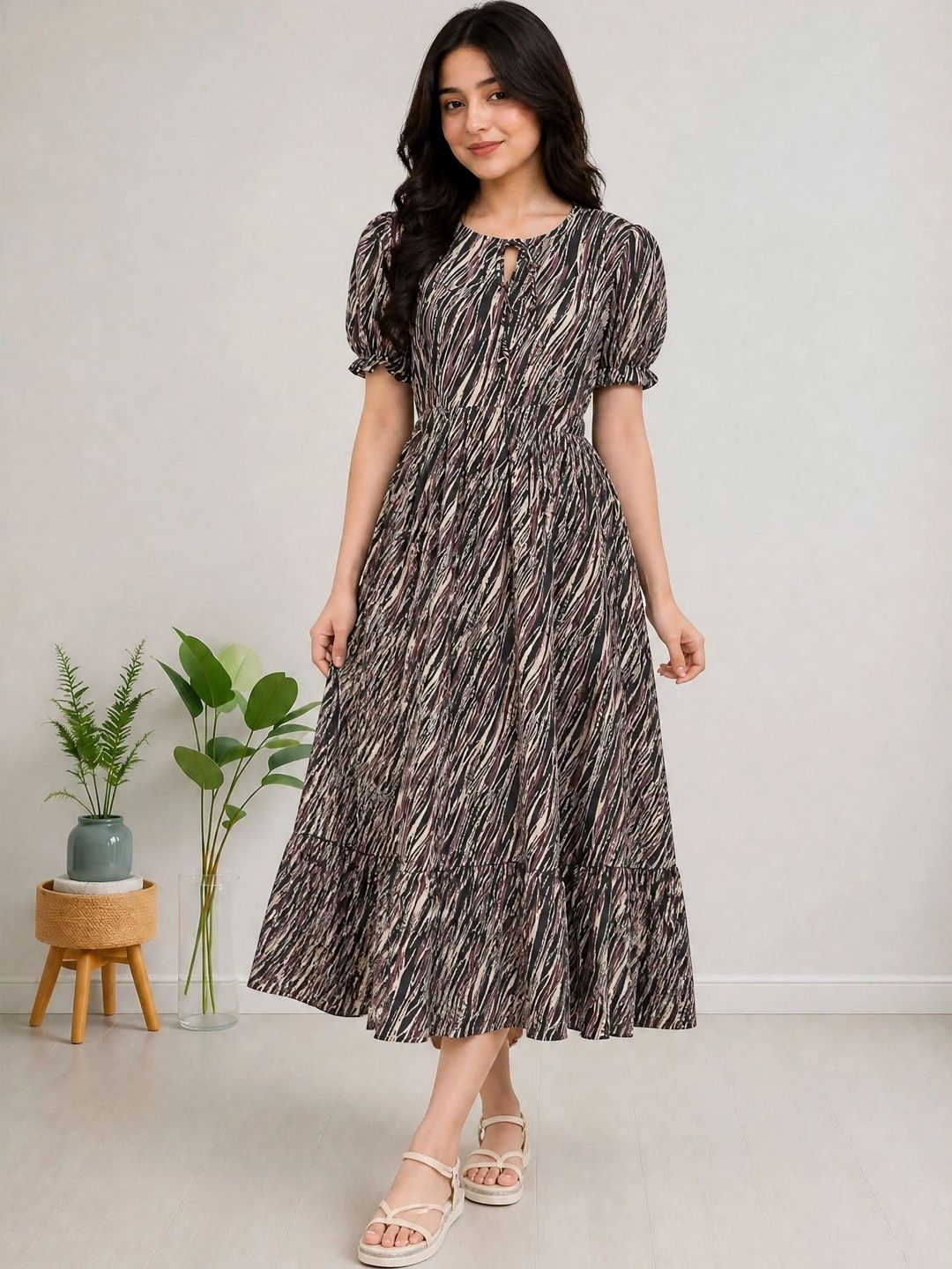 IndoVastra Print Keyhole Neck Puff Sleeve Crepe A-Line Maxi Dress-image-48