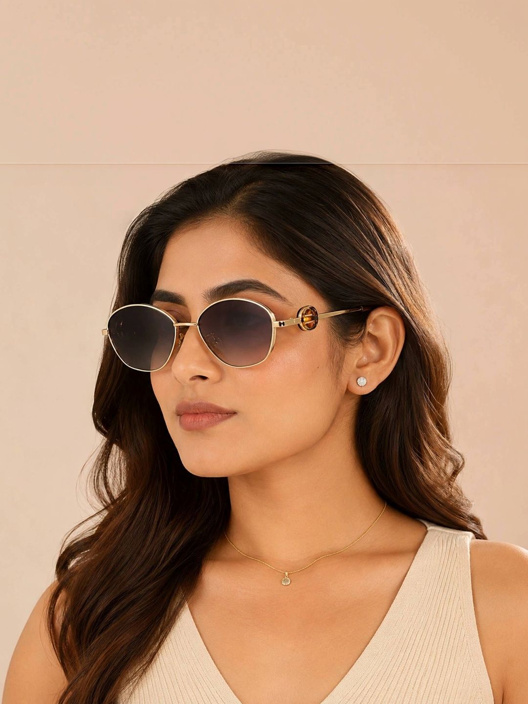 LensKandy Women Brown Lens & Gold-Toned Round Sunglasses with-picture-12