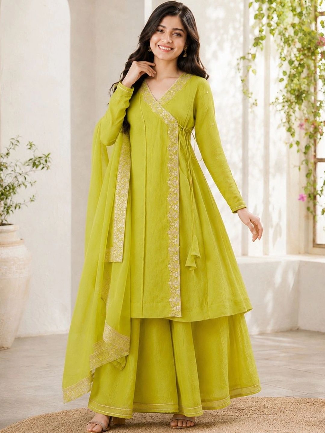CurlyTales Girls Ethnic Motifs Embroidered Angrakha Pure Silk Kurta with Palazzos & With Dupatta-picture-41