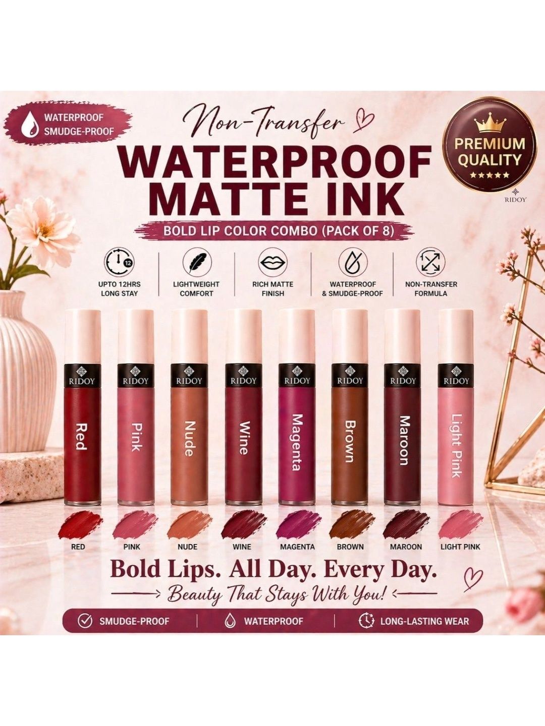 ridoy Set Of 8 Waterproof Liquid Matte Lipstick-3 ml Each - Light Pink-Maroon-Brown-Magent-image-47