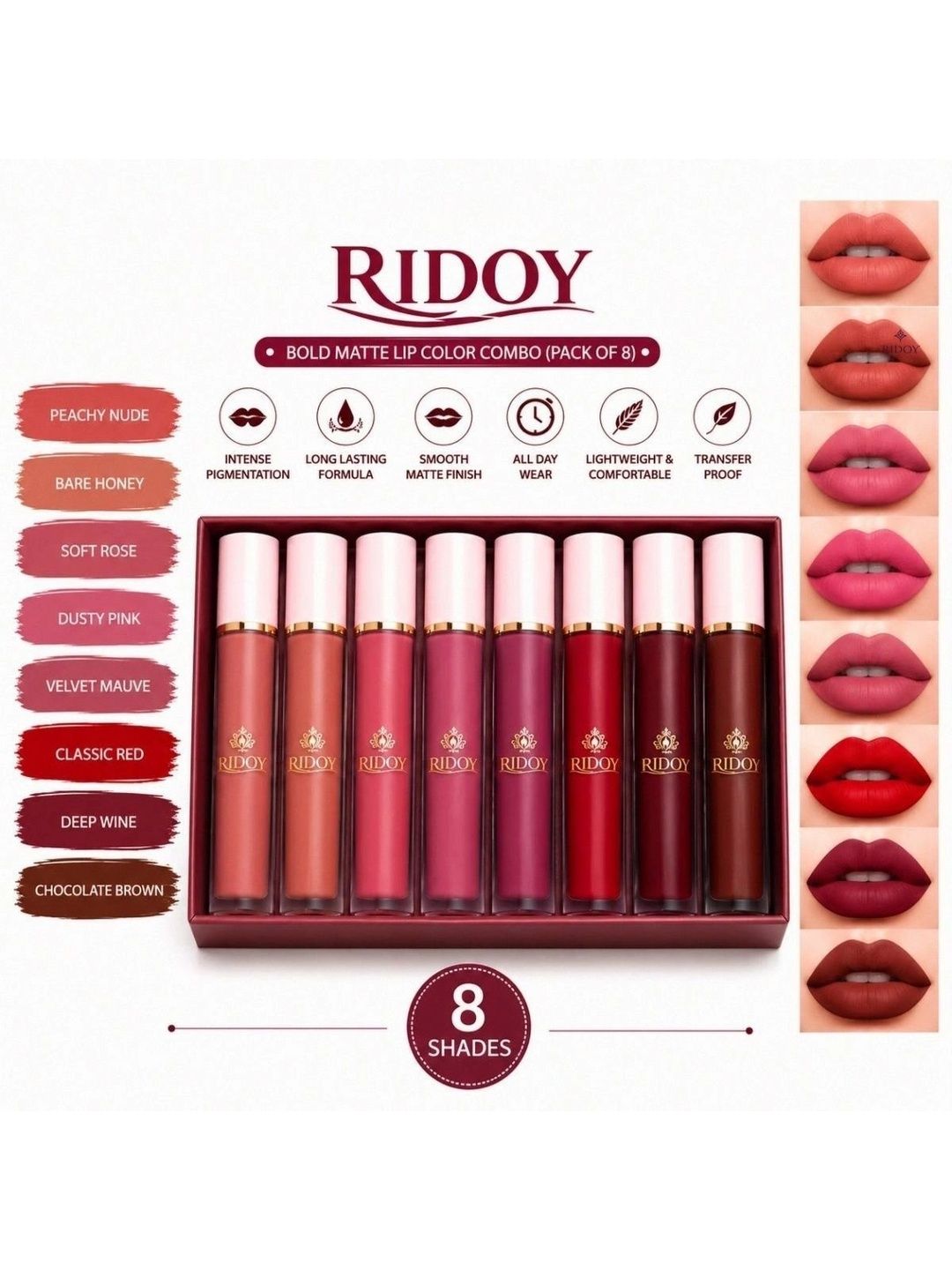 ridoy Set Of 8 Waterproof Liquid Matte Lipstick-3 ml Each - Light Pink-Maroon-Brown-Magent-image-34