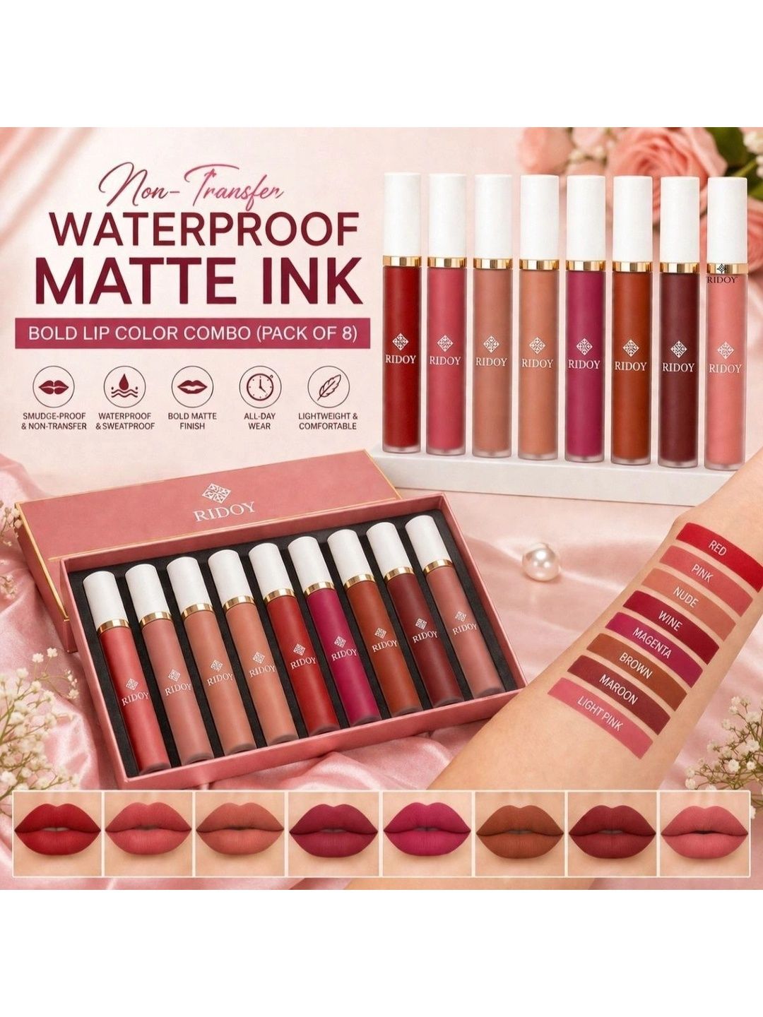 ridoy Set Of 8 Waterproof Liquid Matte Lipstick-3 ml Each - Light Pink-Maroon-Brown-Magent-image-49