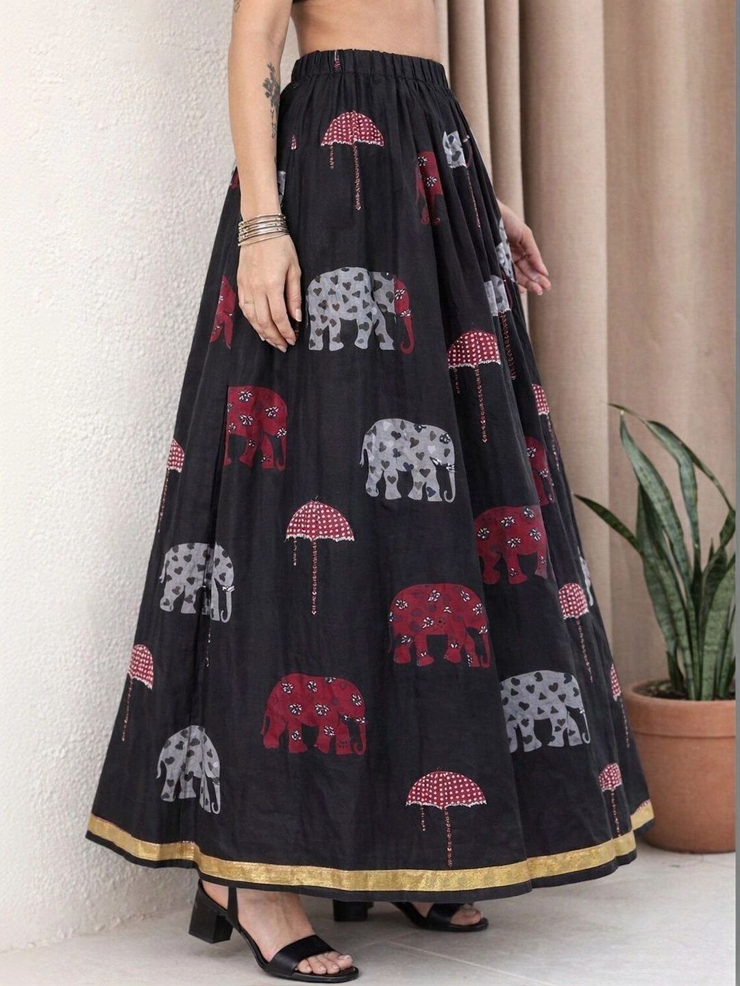 Anouk Women Cotton Cotton Cambric Graphic Conversational Print Maxi Flared Skirt-picture-52