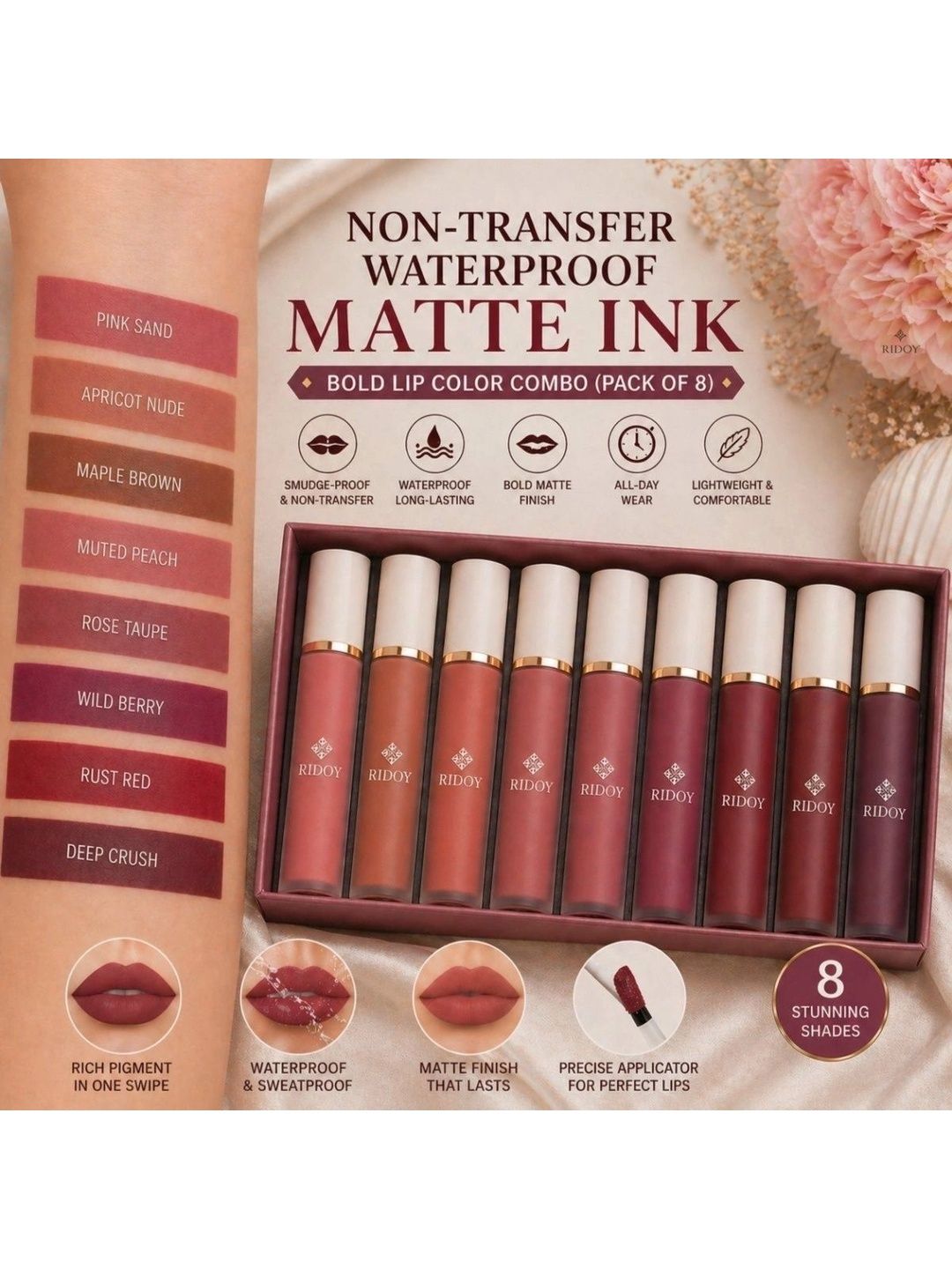 ridoy Set Of 8 Waterproof Liquid Matte Lipstick-3 ml Each - Light Pink-Maroon-Brown-Magent-picture-35