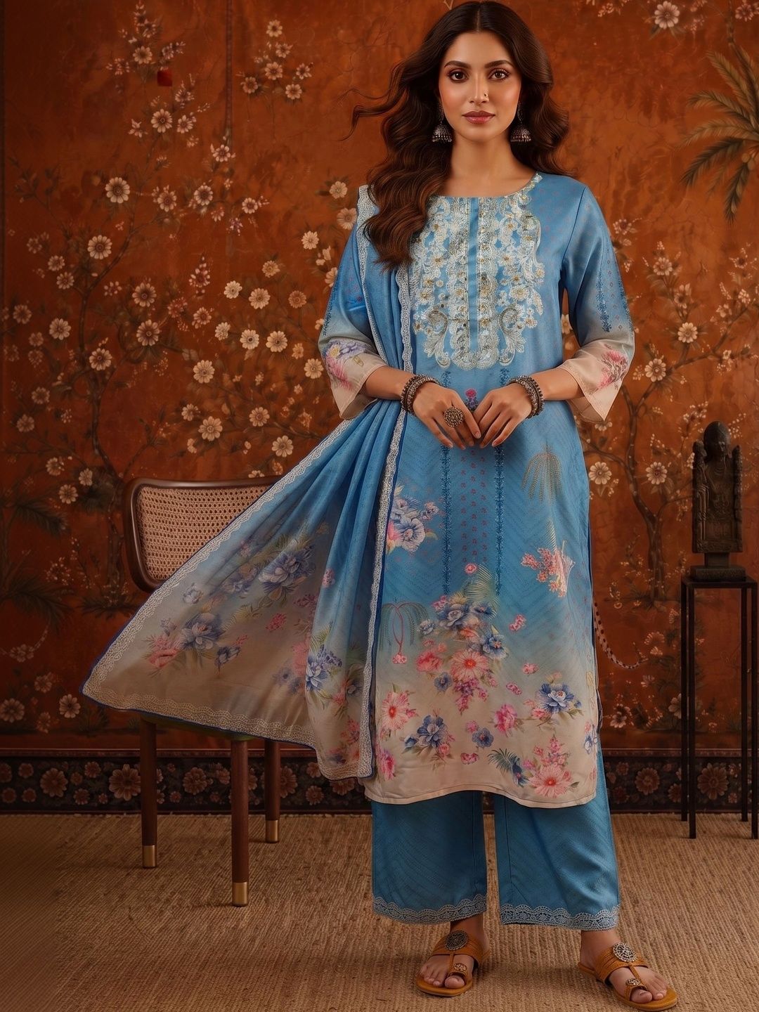 Sangria Women Floral Embroidered Regular Thread Work Kurta with Palazzos & With Dupatta-picture-31