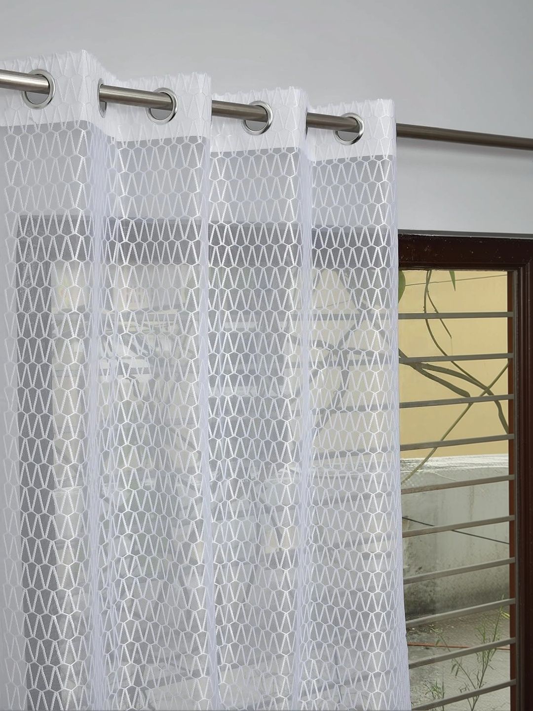 KFHDecor White Set of 2 Geometric Sheer Window Curtain-image-44