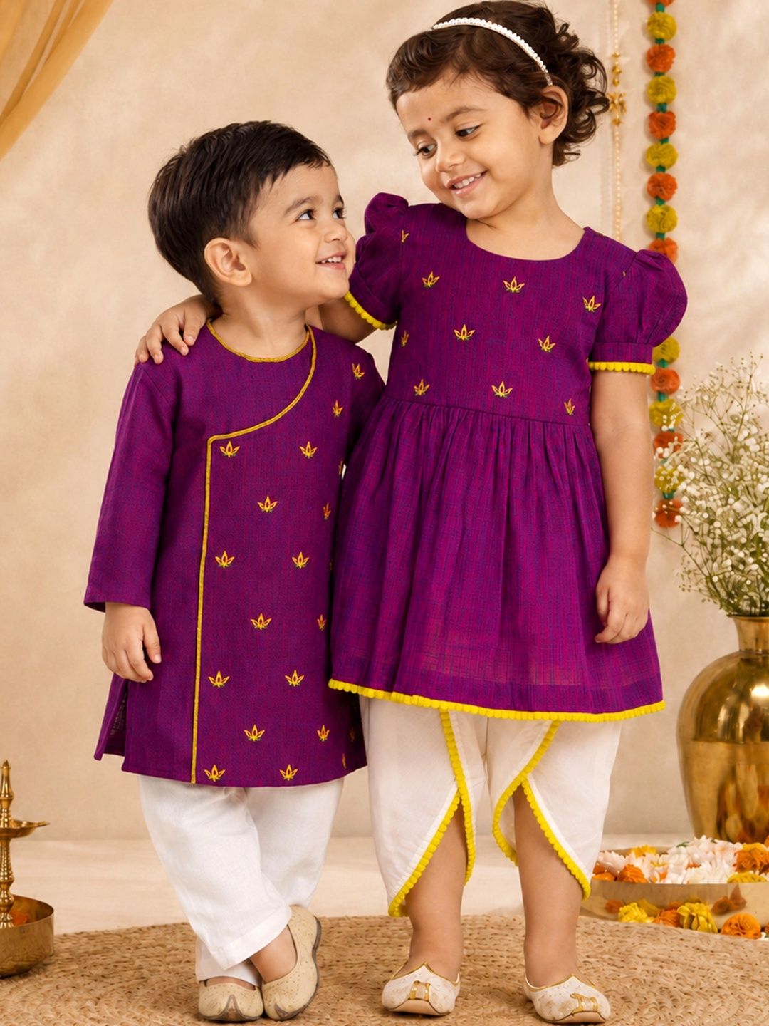 VASTRAMAY Girls Ethnic Motifs Embroidered Empire Pure Cotton Kurta with Dhoti Pants-picture-16
