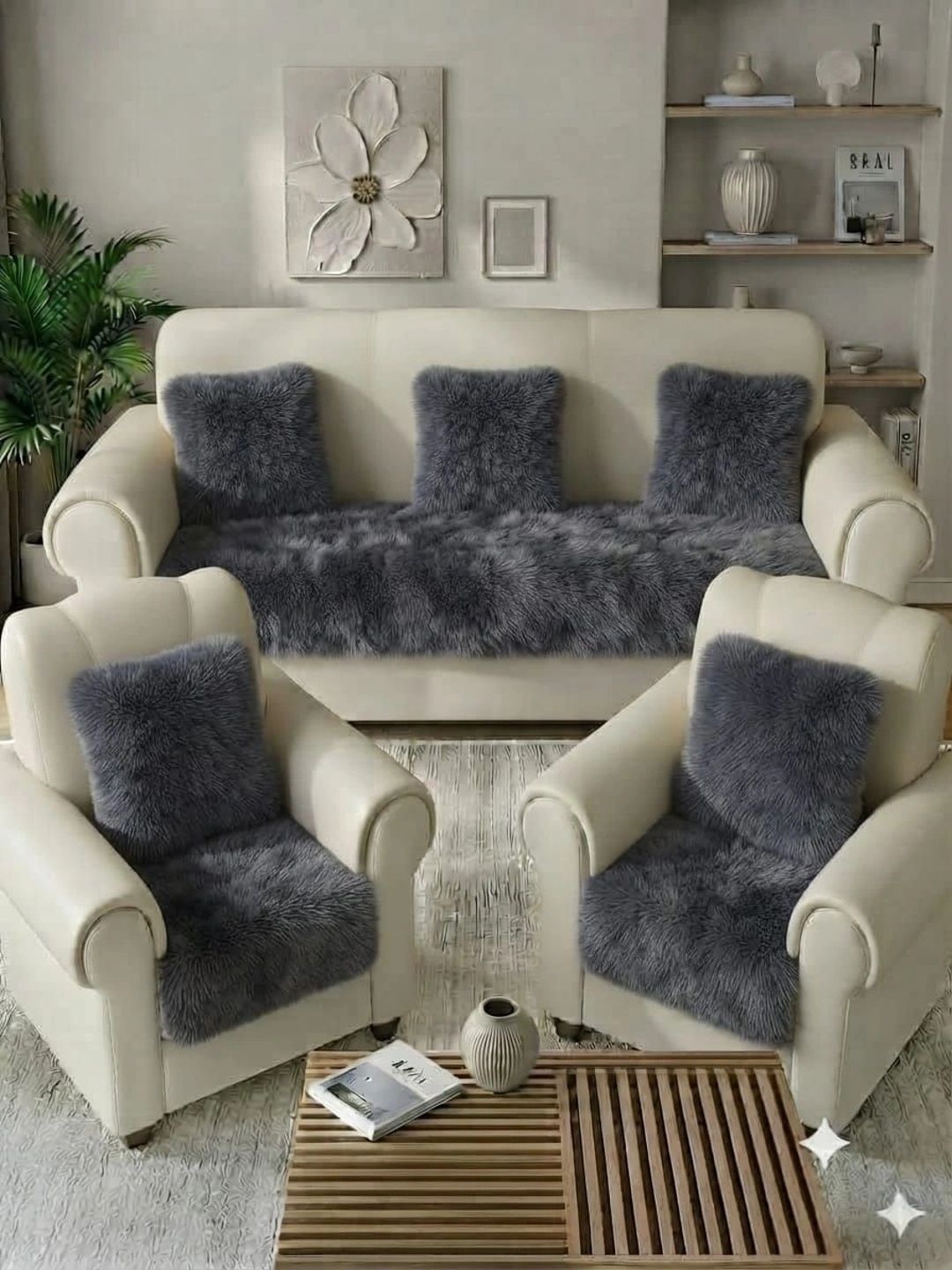 KANUM Grey Viscose Rayon Blend 5 Piece Sofa Cover Without Arms-picture-31