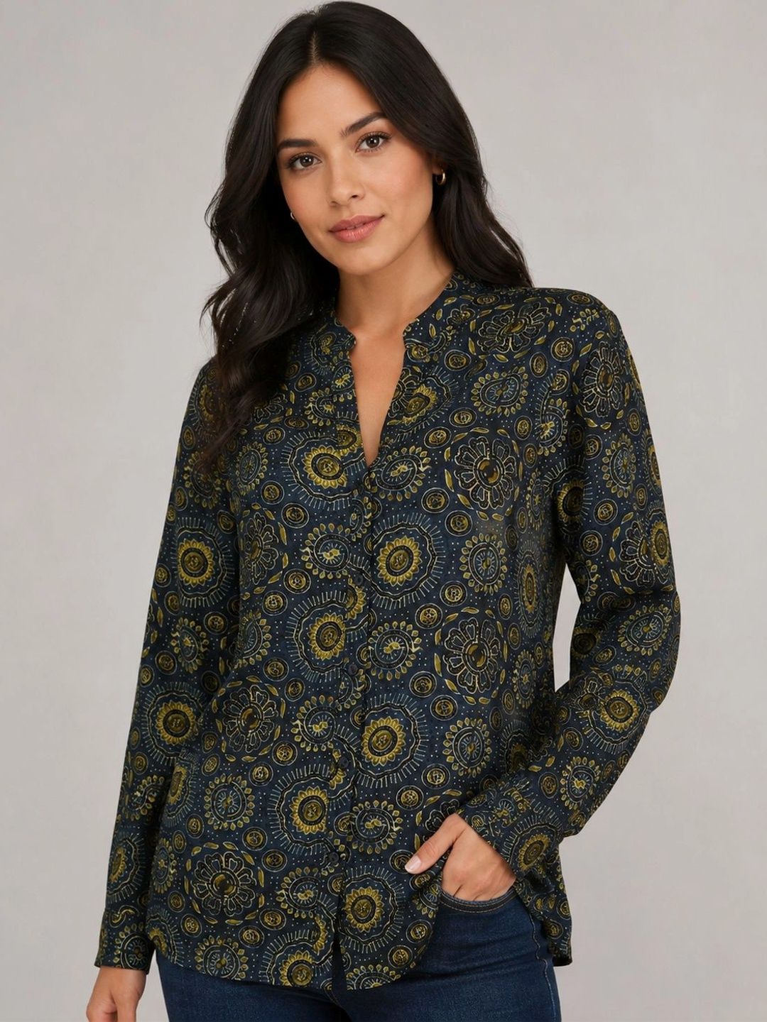 HERE&NOW Print Mandarin Collar Cotton Top-picture-15