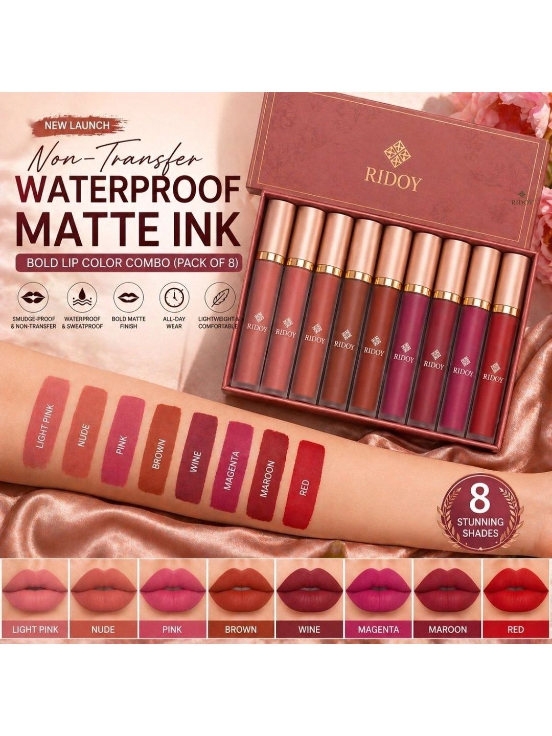 ridoy Set Of 8 Waterproof Liquid Matte Lipstick-3 ml Each - Light Pink-Maroon-Brown-Magent-picture-38