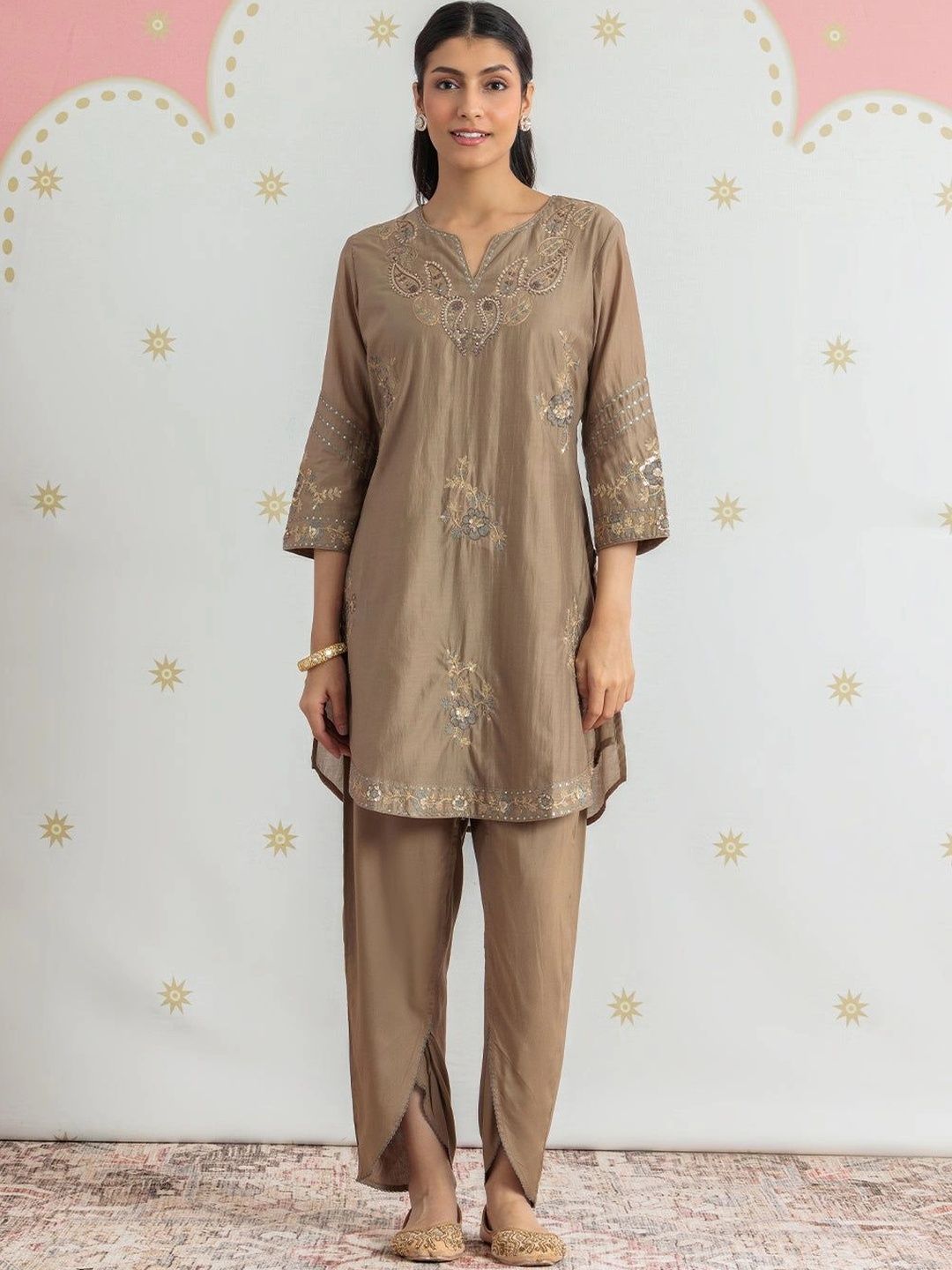Lakshita Women Ethnic Motifs Embroidered Regular Sequinned Chanderi Cotton Kurti with Dhoti Pants-picture-18