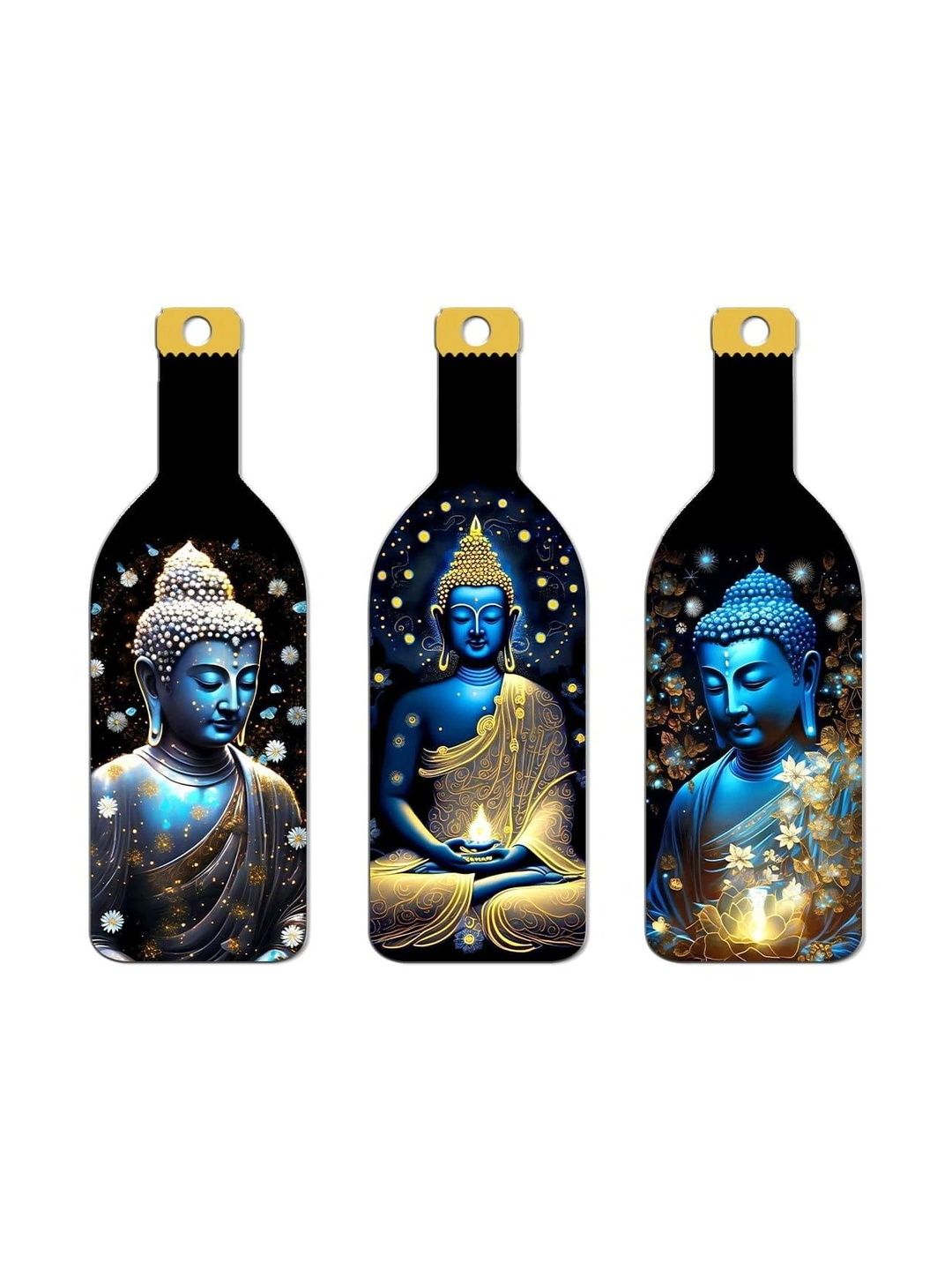 ROMEE Buddha Printed Bottle-Shaped Wooden Matte Hall 3-Pcs Wall Hangings - 10.6 Inches-picture-0