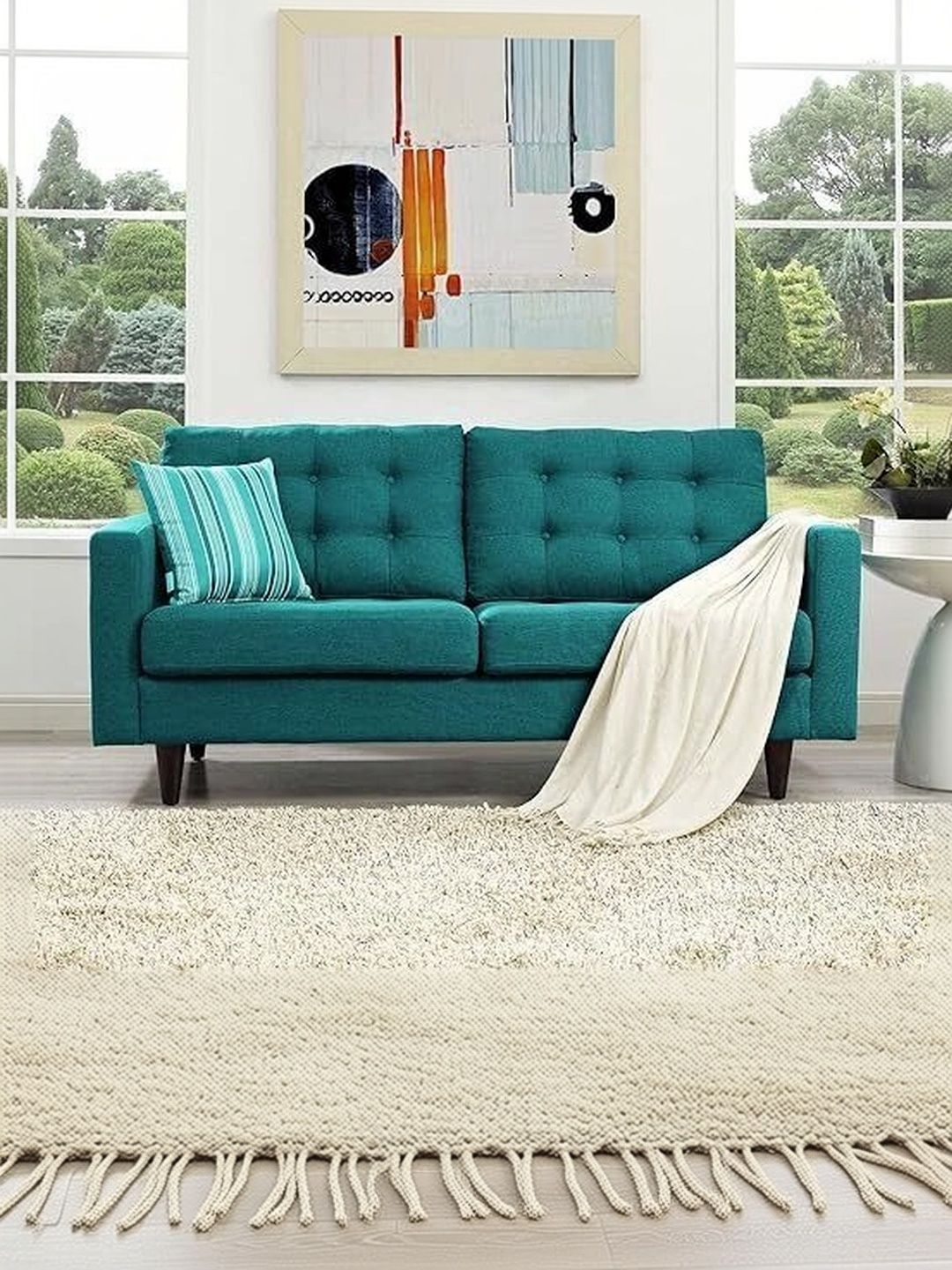 INDIAWOODMART Teal Green Wooden 2 Seater Sofa-image-4