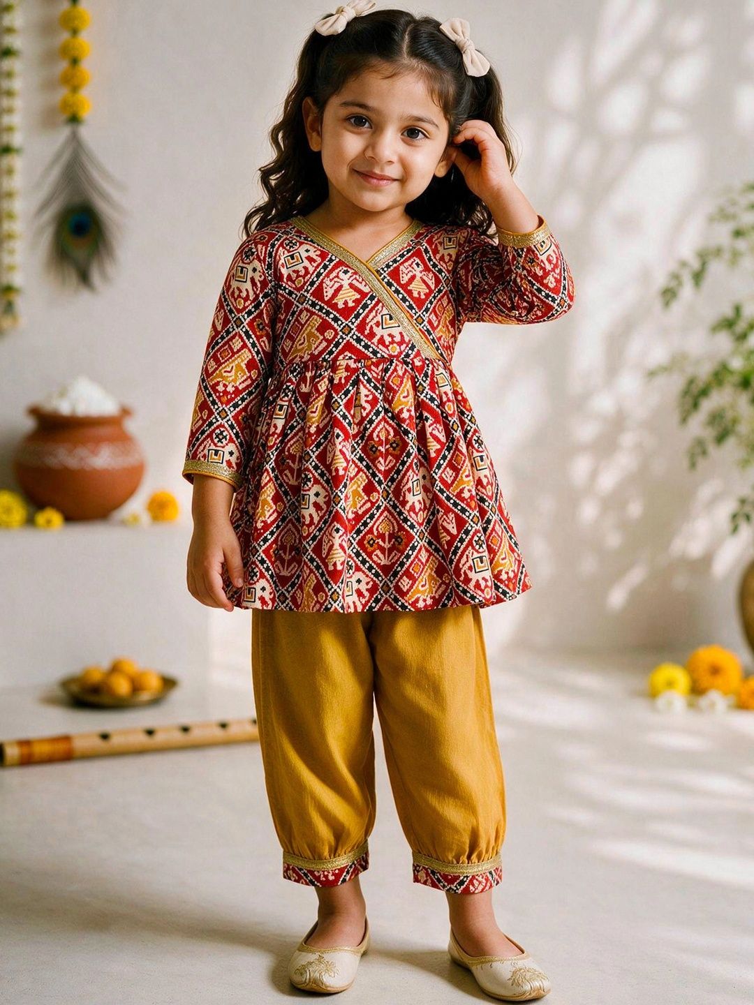 VASTRAMAY Girls Ethnic Motifs Printed Angrakha Pure Cotton Kurta with Harem Pants-image-10