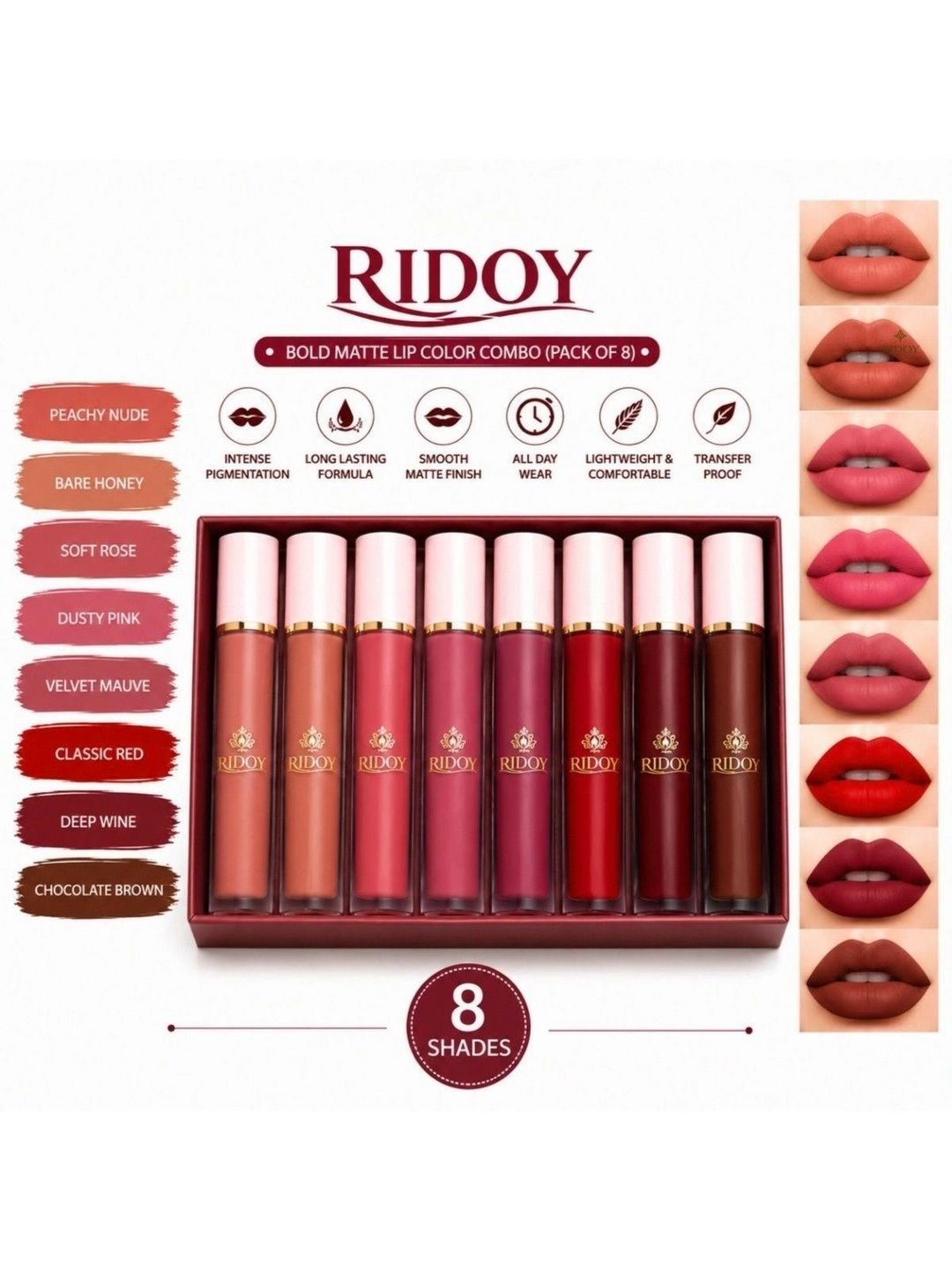 ridoy Set Of 8 Waterproof Liquid Matte Lipstick-3 ml Each - Light Pink-Maroon-Brown-Magent-image-39