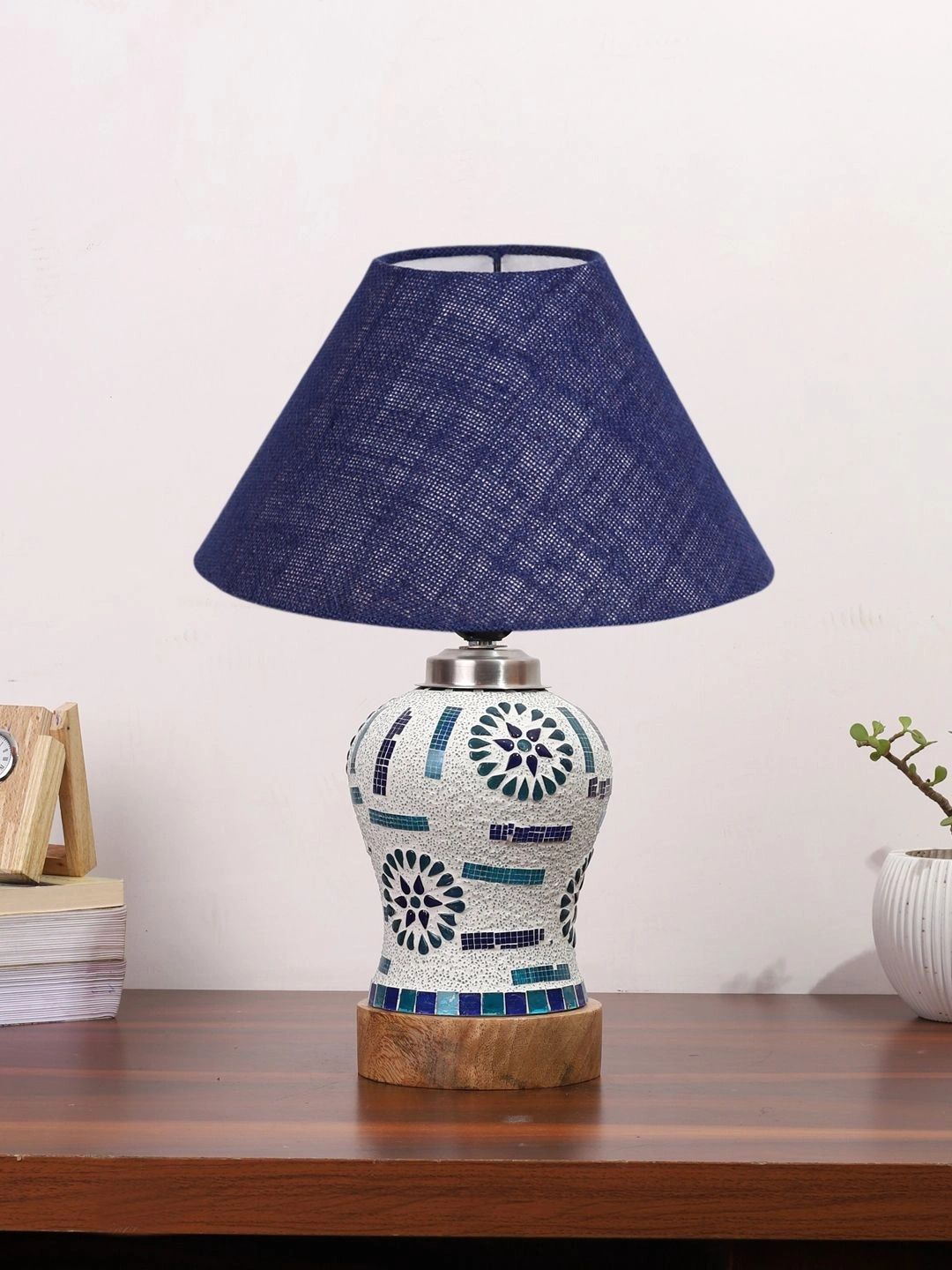 Myntra Elegant Homes Blue Textured Glass Traditional Frusturical Shaped Table Lamp-picture-38