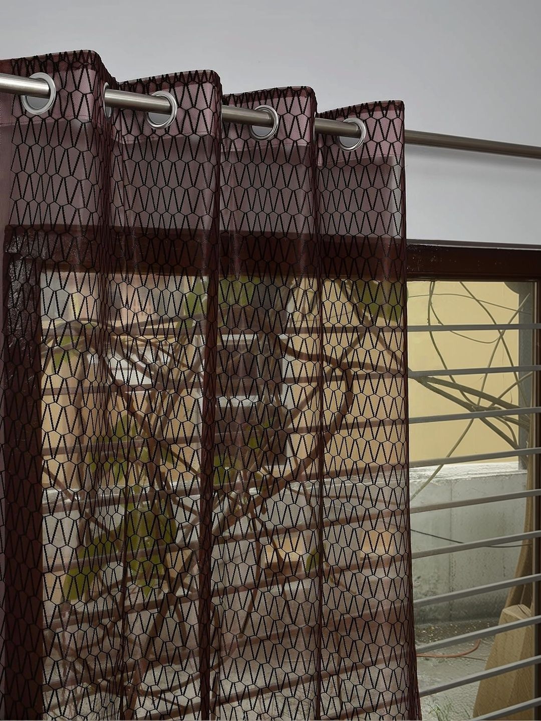 KFHDecor Brown Geometric Sheer Long Door Curtain-image-43