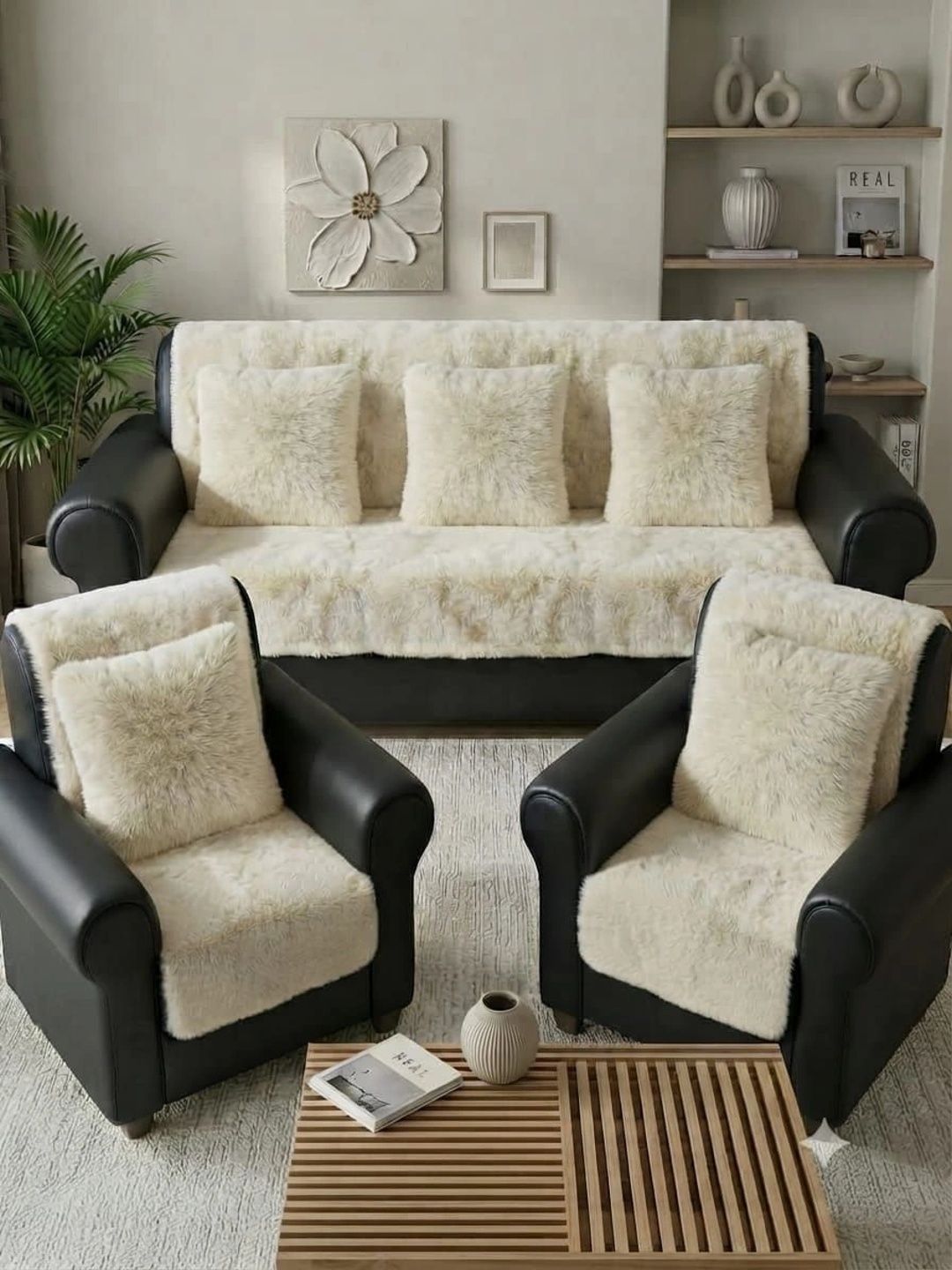 KANUM Cream-Coloured Solid Viscose Rayon Blend Sofa Cover Without Arms-picture-58