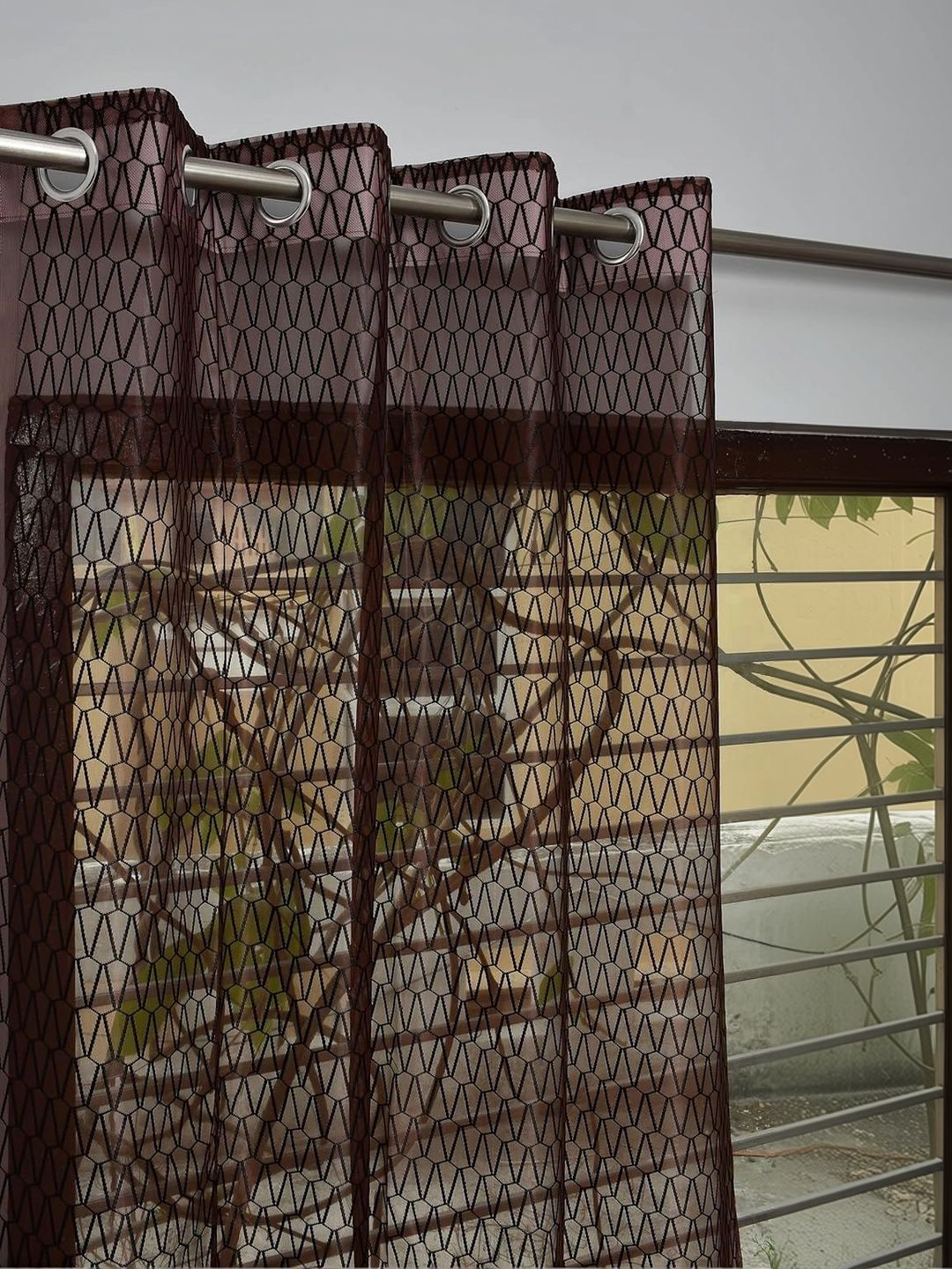 KFHDecor Brown Set of 2 Geometric Sheer Long Door Curtain-picture-36