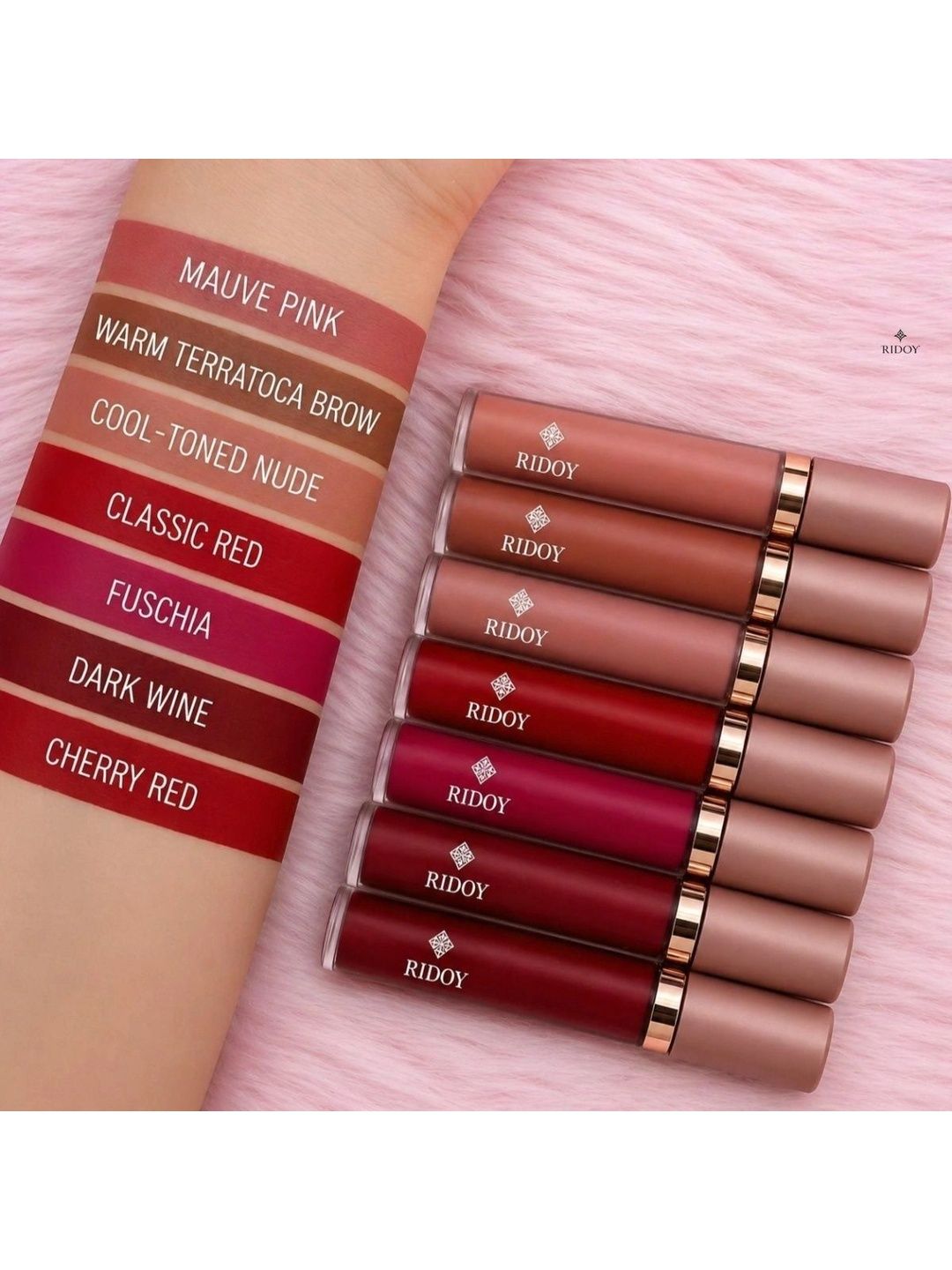 ridoy Set Of 8 Waterproof Liquid Matte Lipstick-3 ml Each - Light Pink-Maroon-Brown-Magent-picture-22