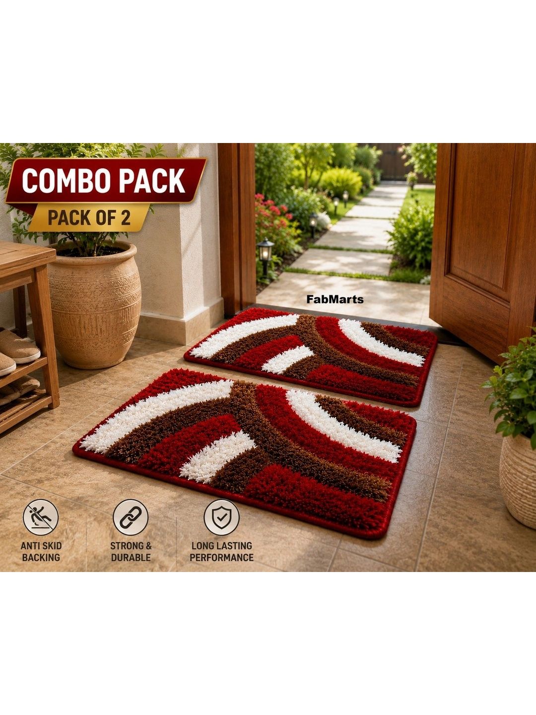 FabMarts 2 Pieces Red & White Stripe Anti-Skid Doormats-picture-15