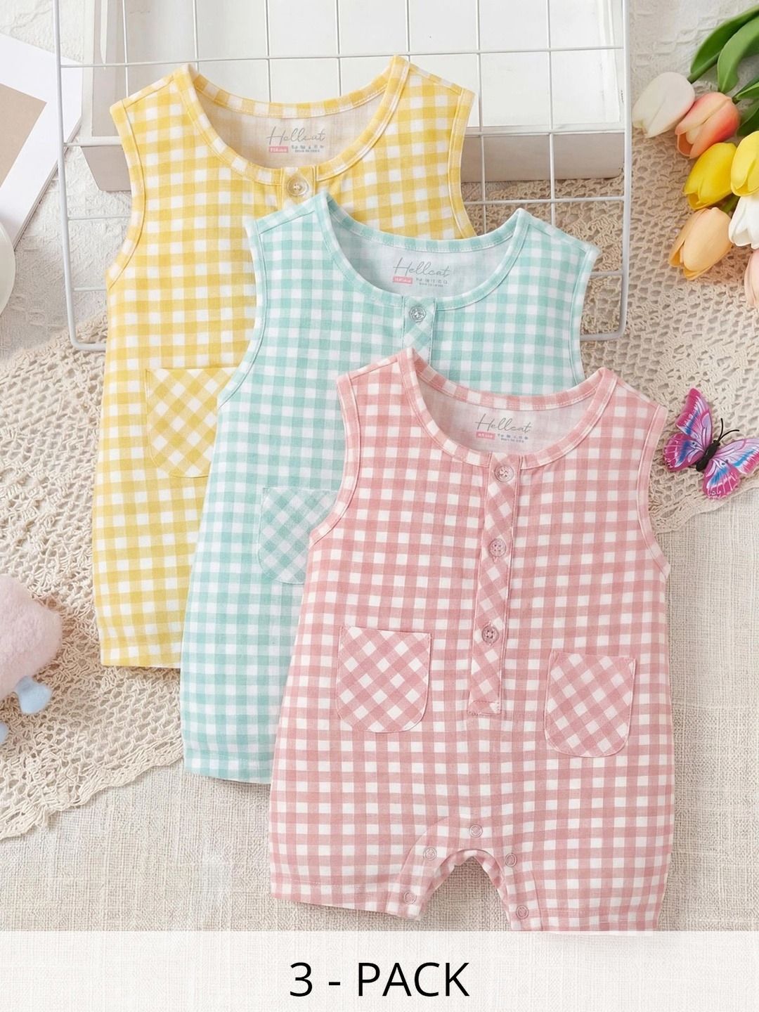 HELLCAT Infants Pack of 3 Checked Cotton Rompers-picture-34
