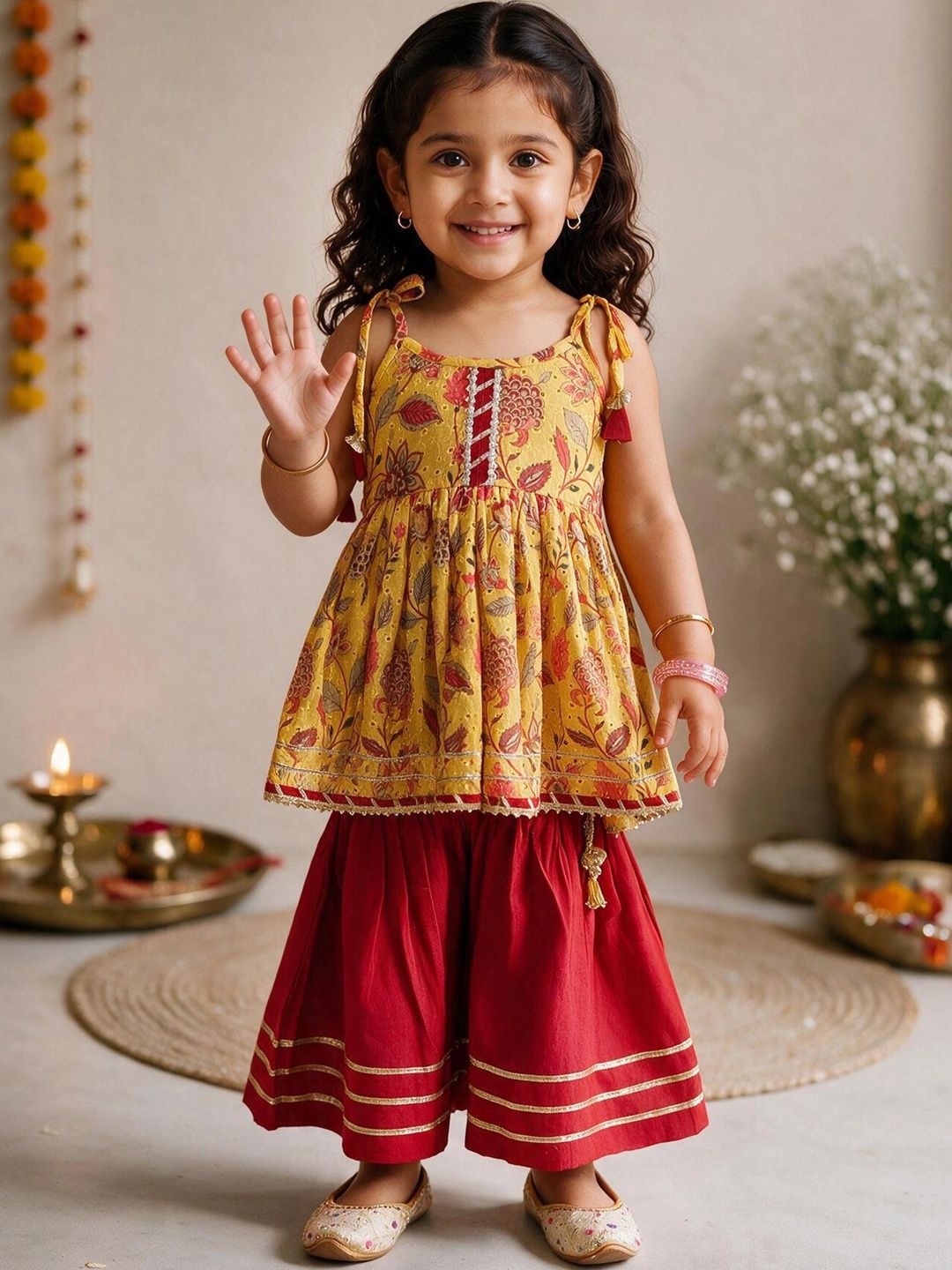 VASTRAMAY Girls Floral Printed Tiered Sequinned Kurti with Sharara-picture-56