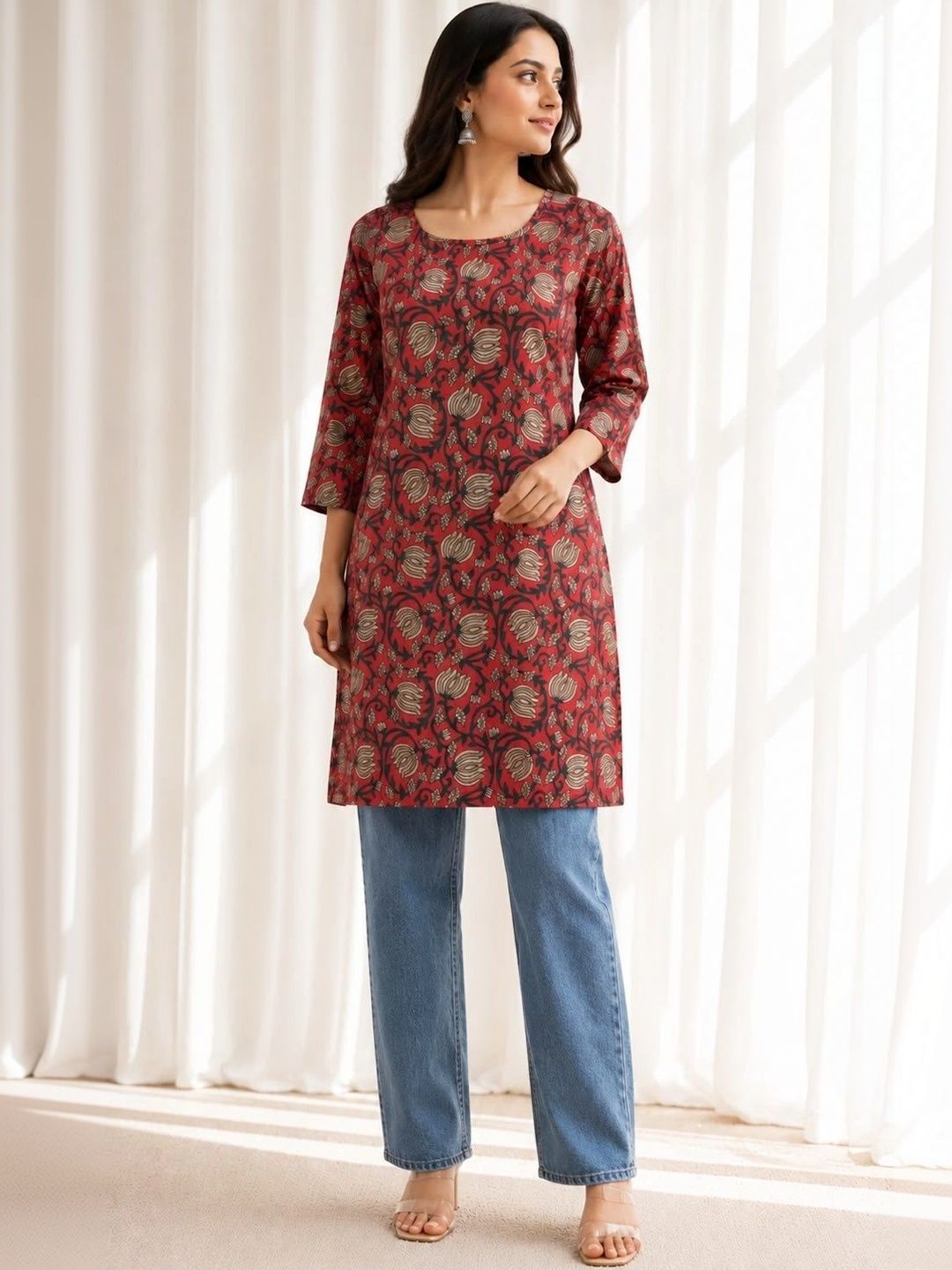 Mahi Ethnic Floral Printed Square Neck Pure Cotton Kurti-picture-39