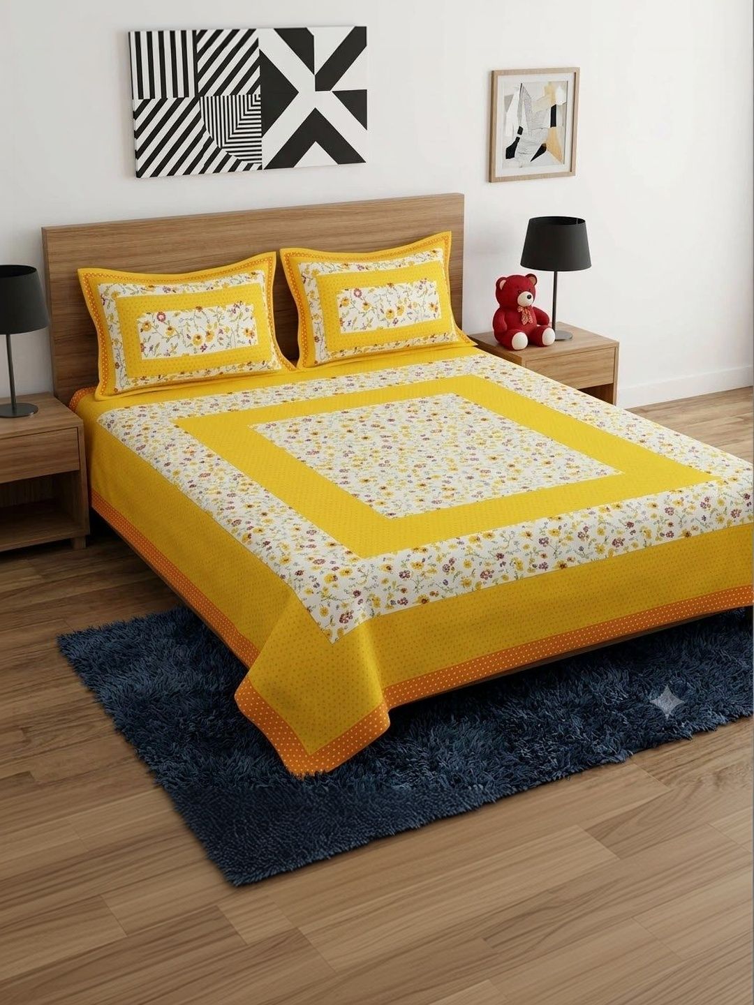 POOSHOP Yellow & White Floral 144 TC Bedsheet with 2 Pillow Covers-image-47
