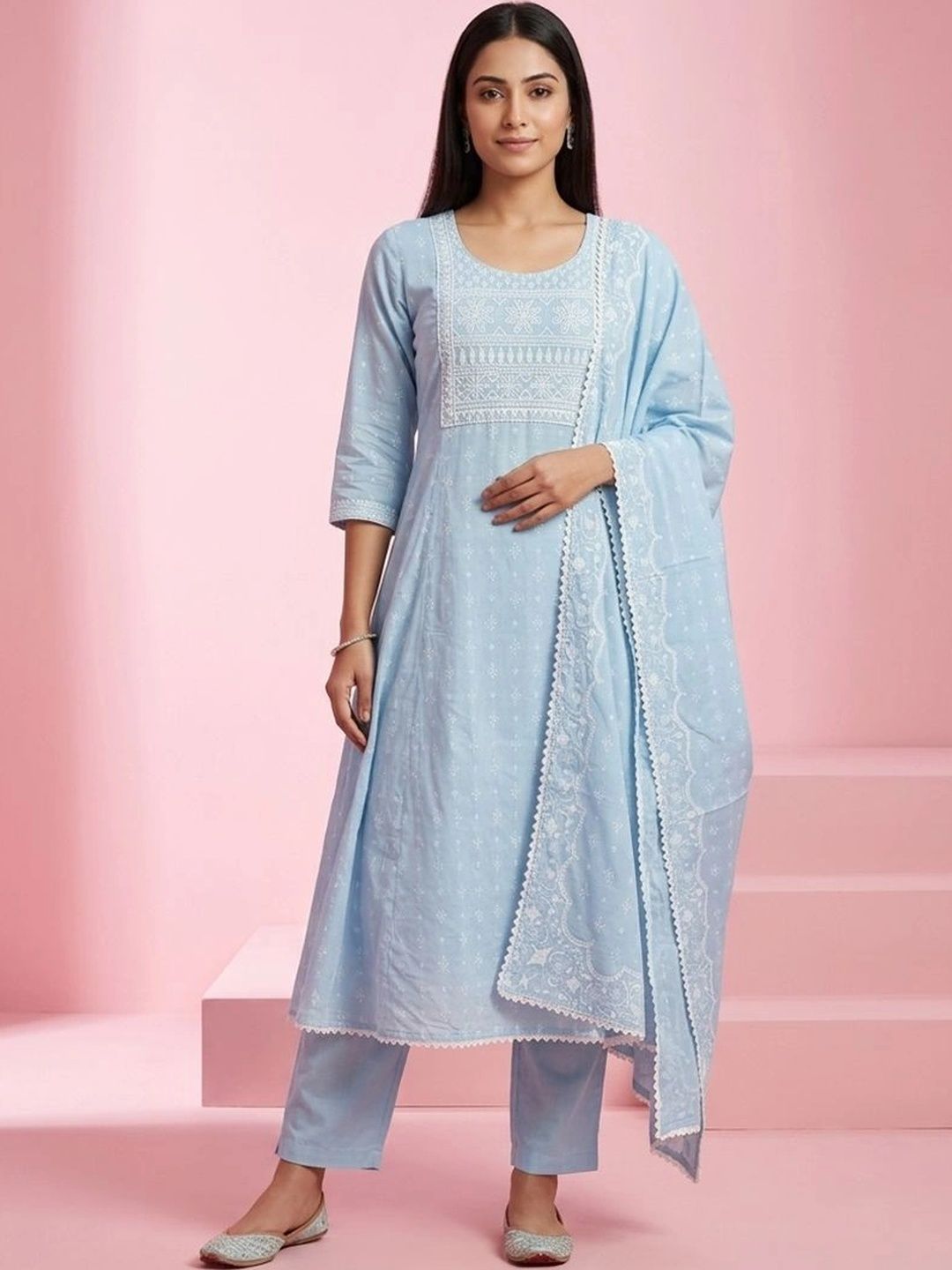 gokurtis Ethnic Motifs Embroidered Chikankari Pure Cotton Blend Handloom Chikankari Kurti-picture-15