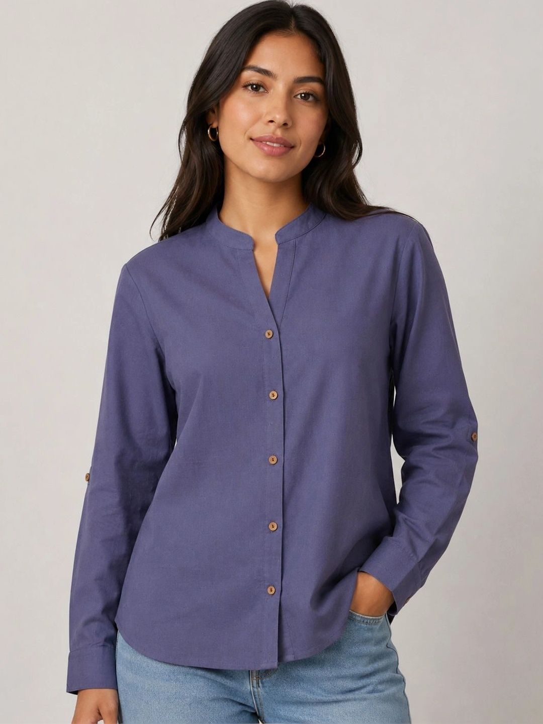 HERE&NOW Mandarin Collar Roll-Up Sleeves Cotton Shirt Style Top-image-48
