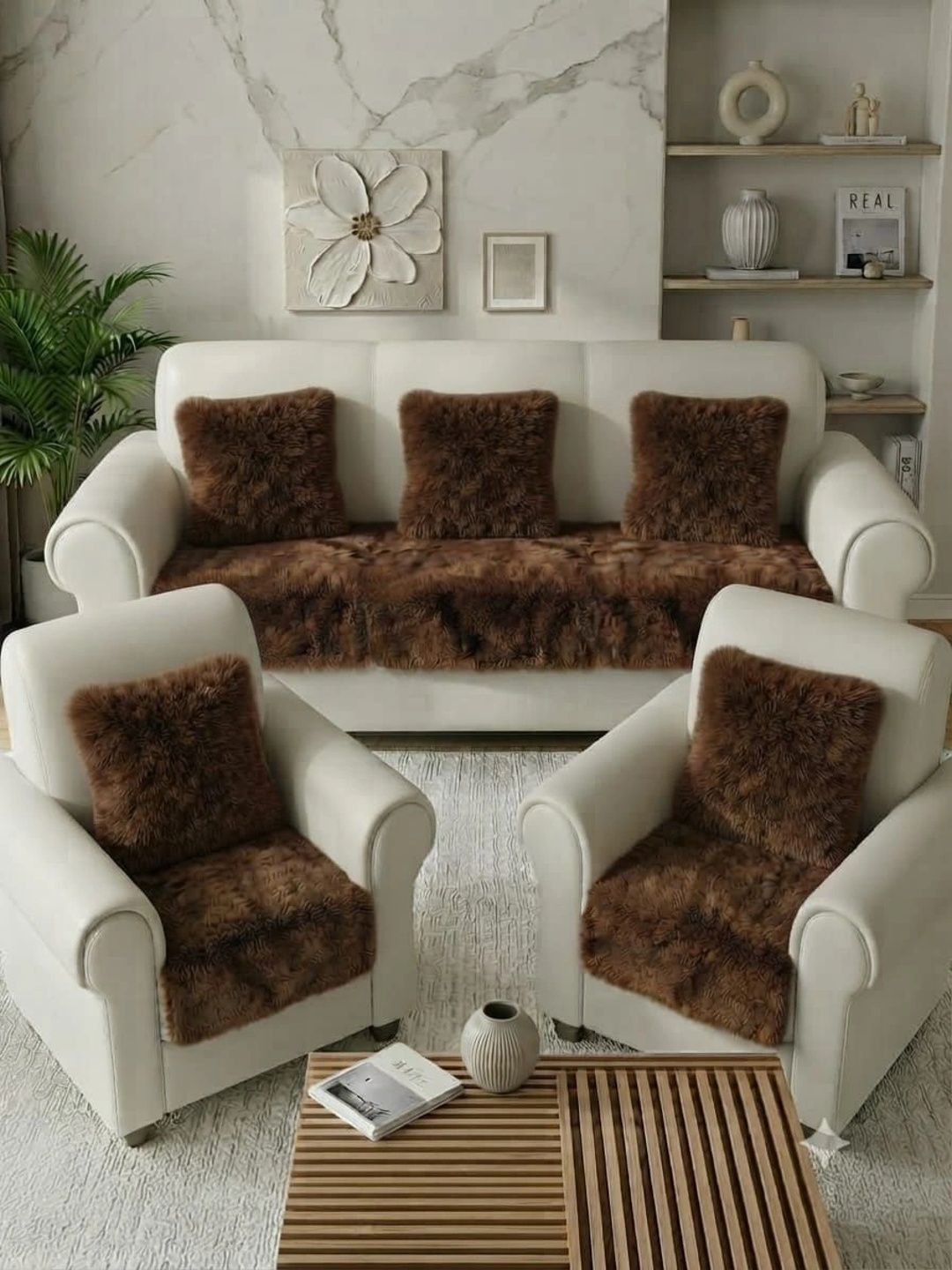 KANUM Brown Solid Viscose Rayon Blend 5 Piece Sofa Cover Without Arms-picture-21