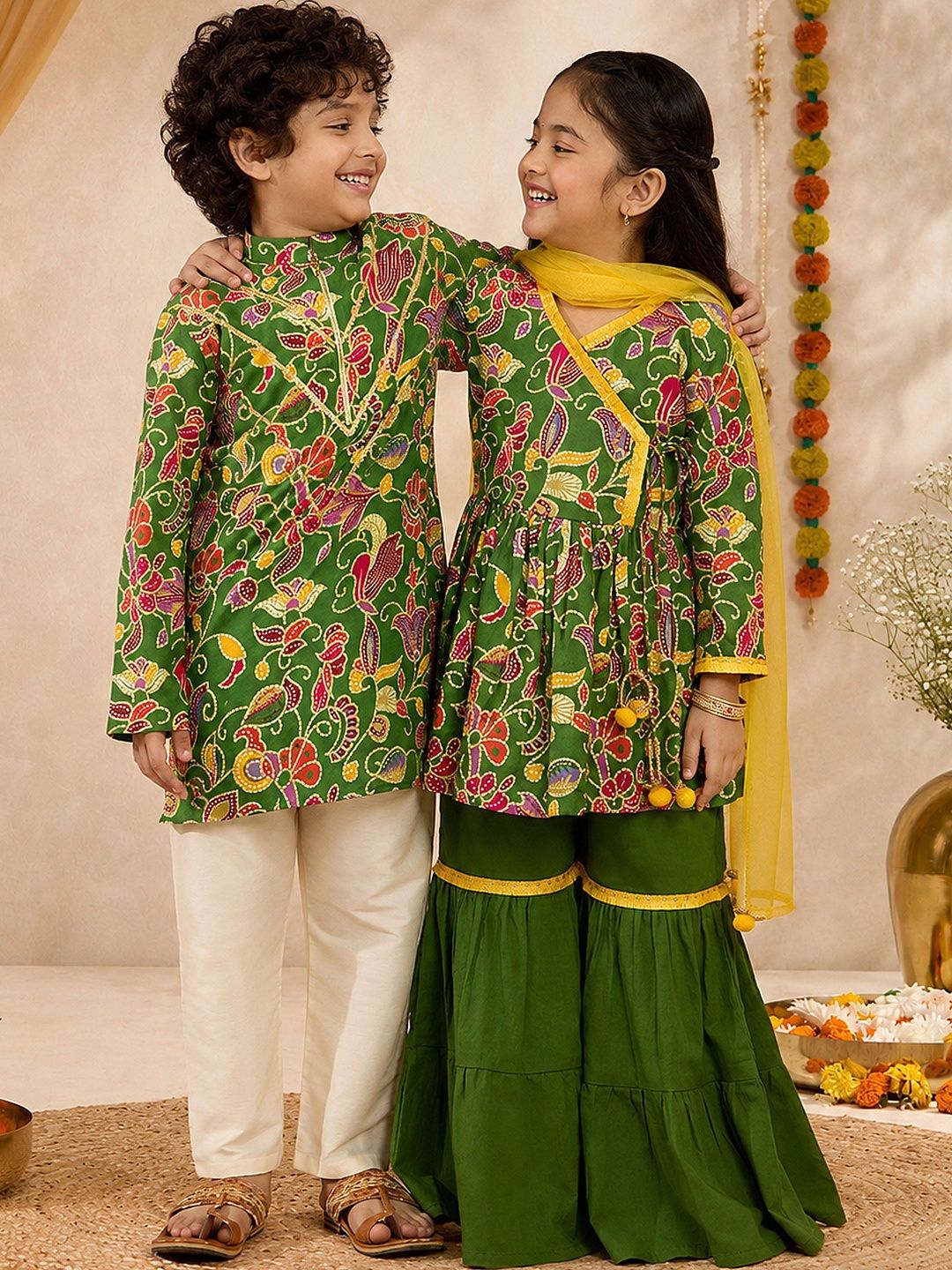 VASTRAMAY Boys Floral Printed Angrakha Pure Cotton Kurti with Sharara & With Dupatta-picture-23
