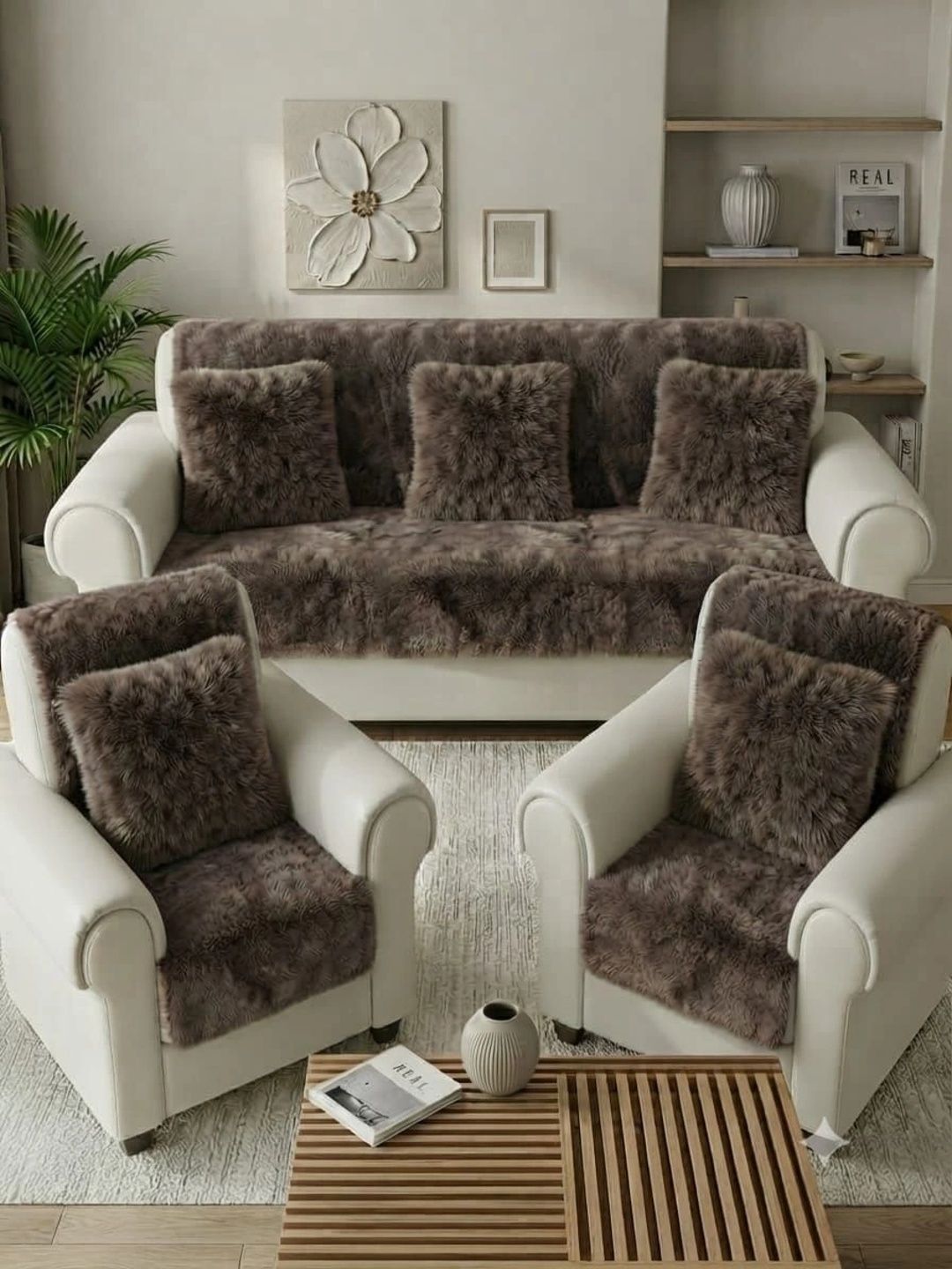 KANUM Coffee Brown Viscose Rayon Blend Sofa Cover Without Arms-picture-14