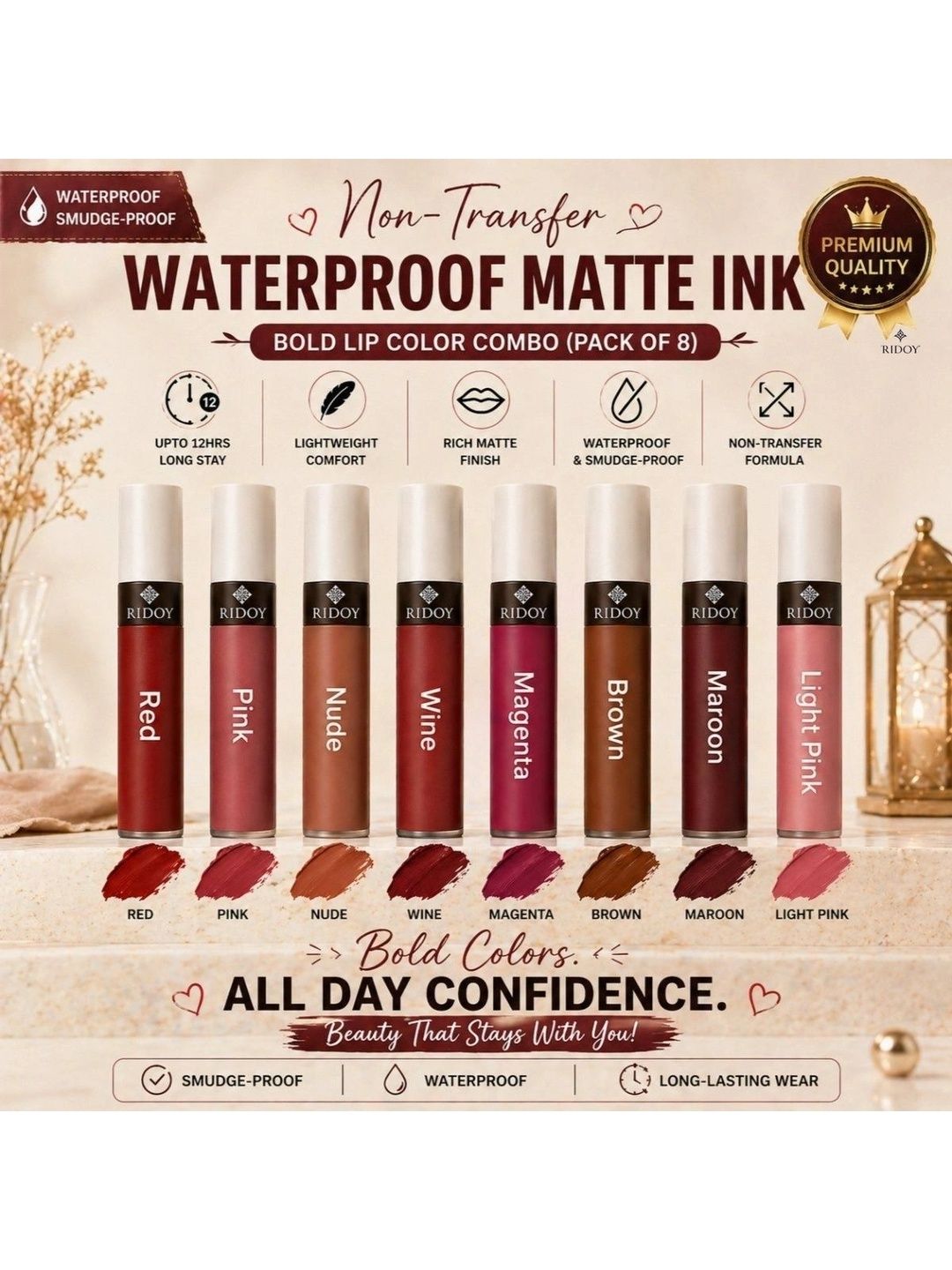 ridoy Set Of 8 Waterproof Liquid Matte Lipstick-3 ml Each - Light Pink-Maroon-Brown-Magent-picture-52