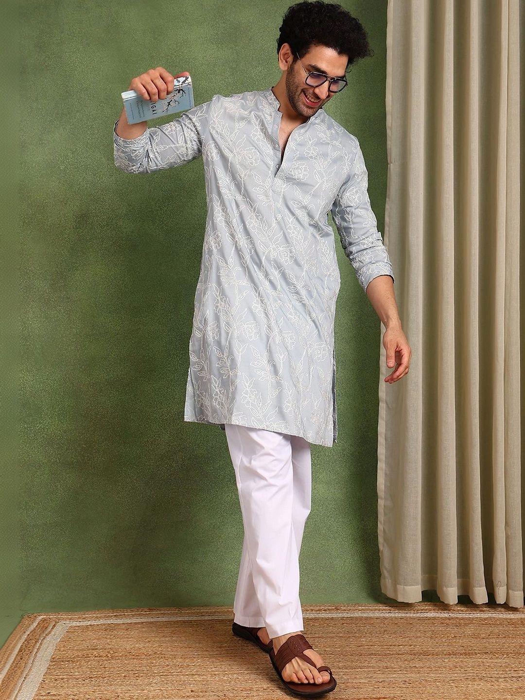 See Designs Men Floral Embroidered Regular Thread Work Kurta with Pyjamas-picture-24
