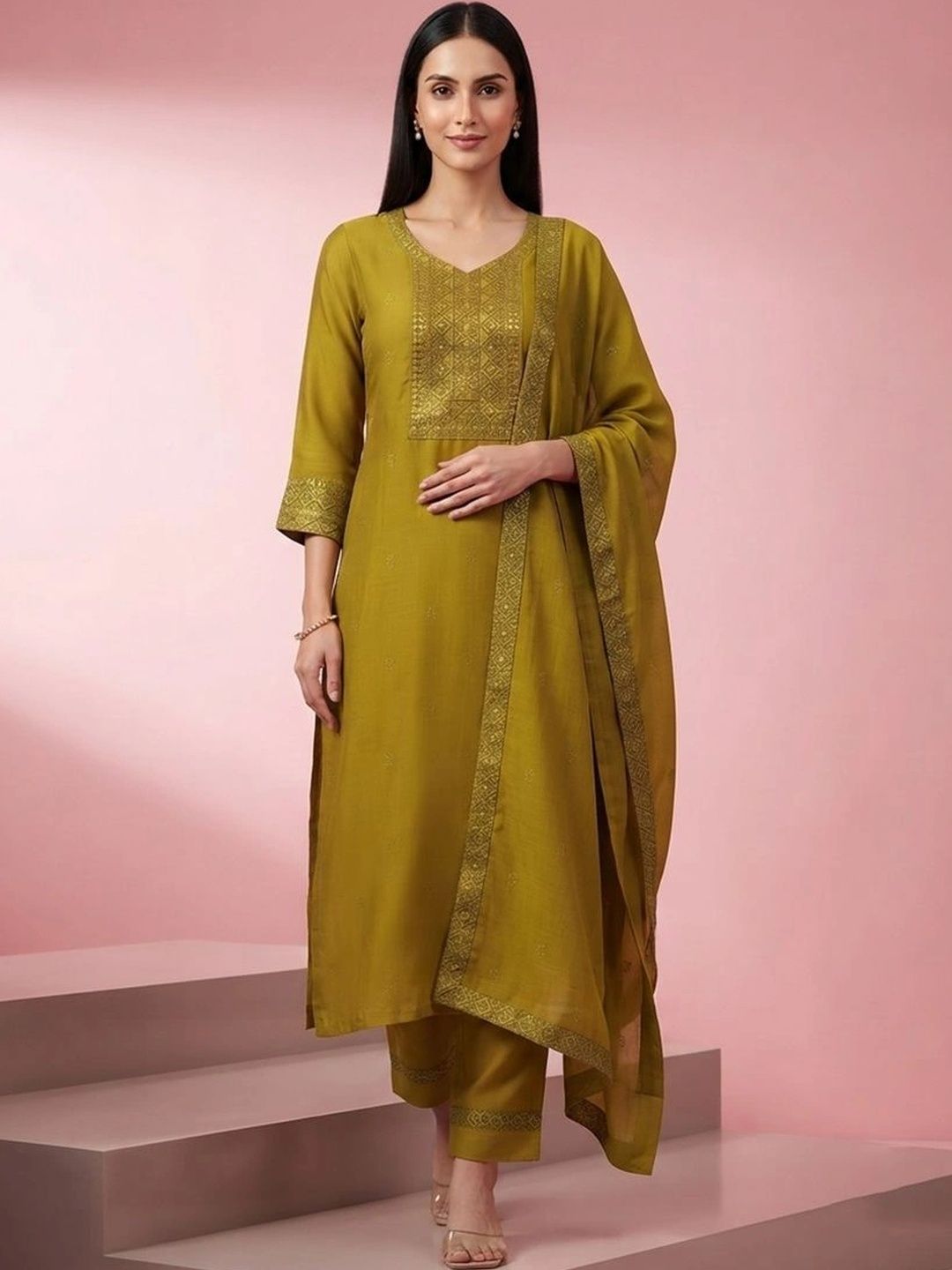 gokurtis Ethnic Motifs Embellished V-Neck Pure Cotton Blend Handloom Kurti-picture-34