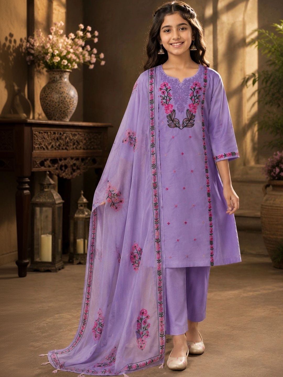 7Tiara Girls Floral Embroidered Regular Thread Work Kurta with Trousers & With Dupatta-picture-17