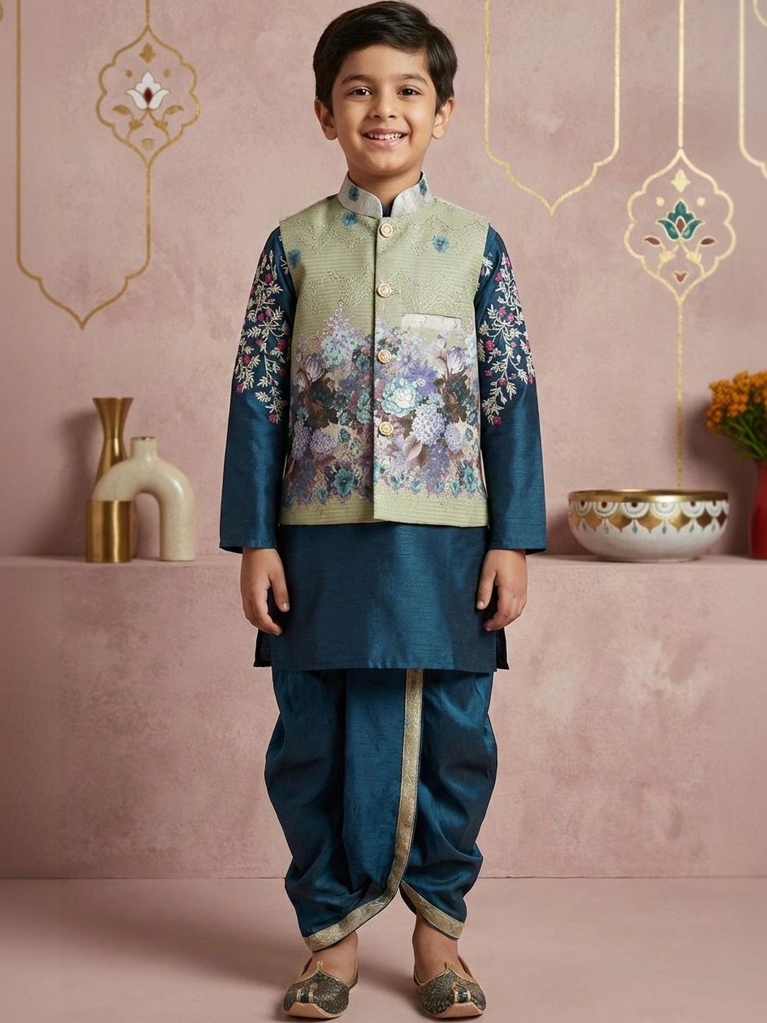 BAESD Boys Floral Regular Dupion Silk Kurta with Dhoti Pants-picture-19