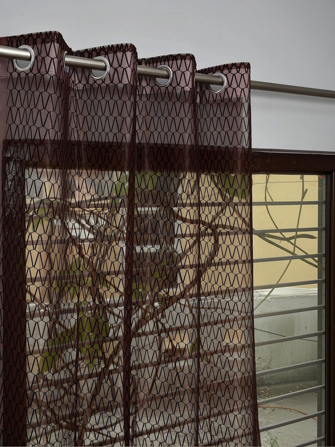 KFHDecor Brown Set of 2 Geometric Sheer Long Door Curtain-image-49