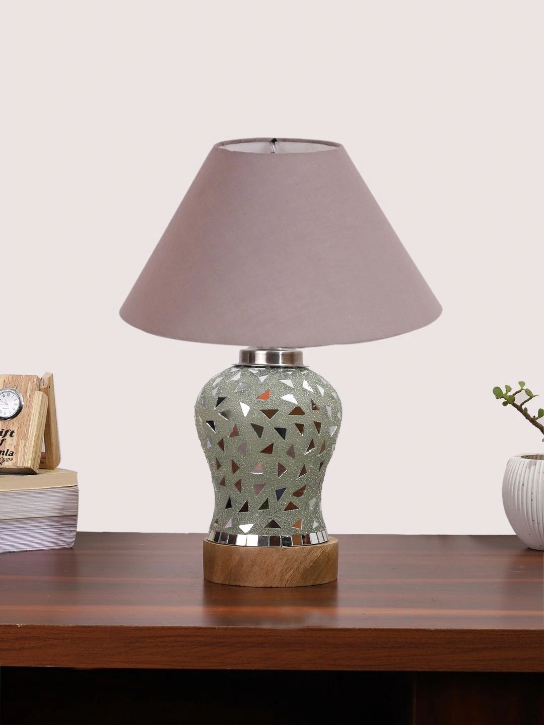 Myntra Elegant Homes Grey Textured Glass Traditional Frusturical Shaped Table Lamp-picture-34