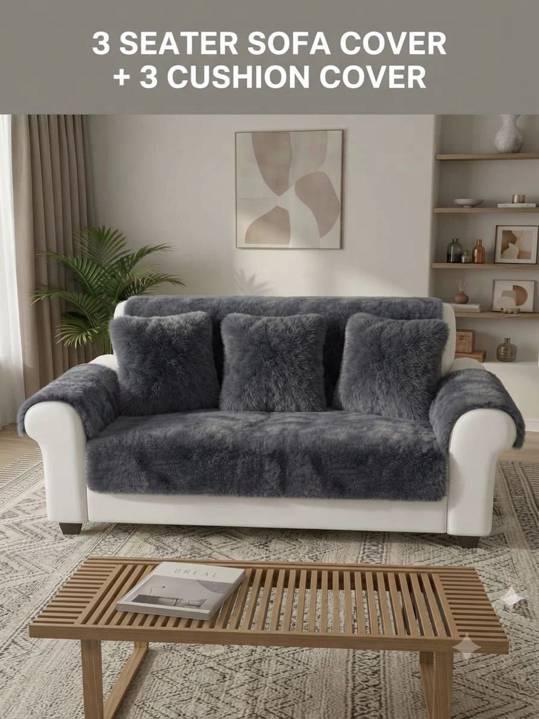KANUM Grey Solid Viscose Rayon Blend Sofa Cover With Arms-picture-41