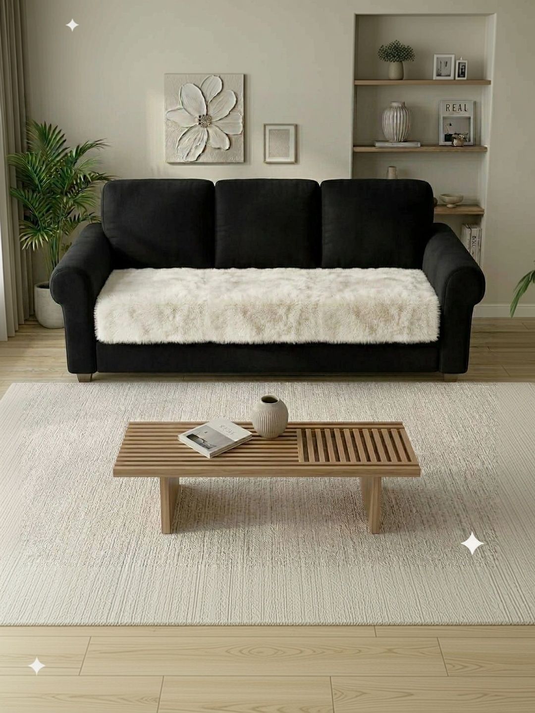 KANUM Cream-Coloured Solid Viscose Rayon Blend 3 Piece Sofa Cover Without Arms-picture-12